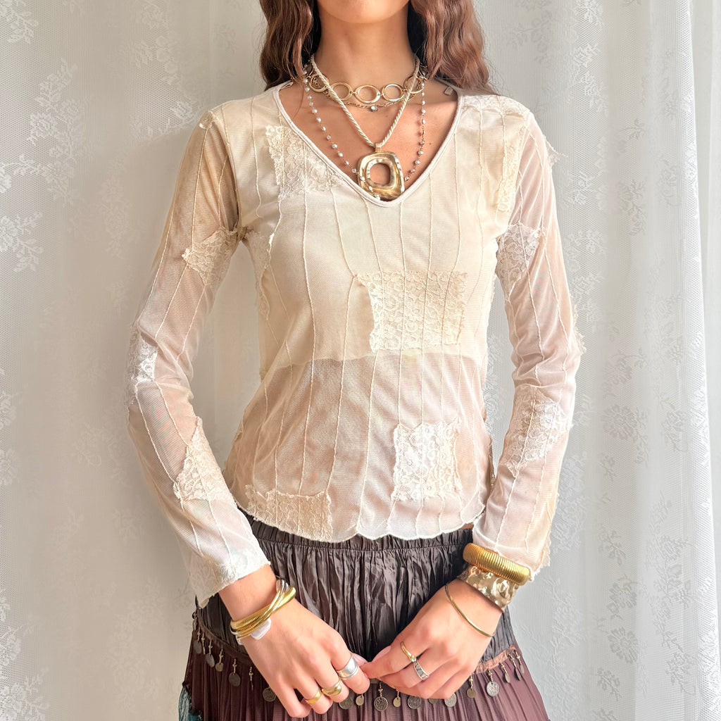 Mesh Lace Long Sleeve Top - Size M