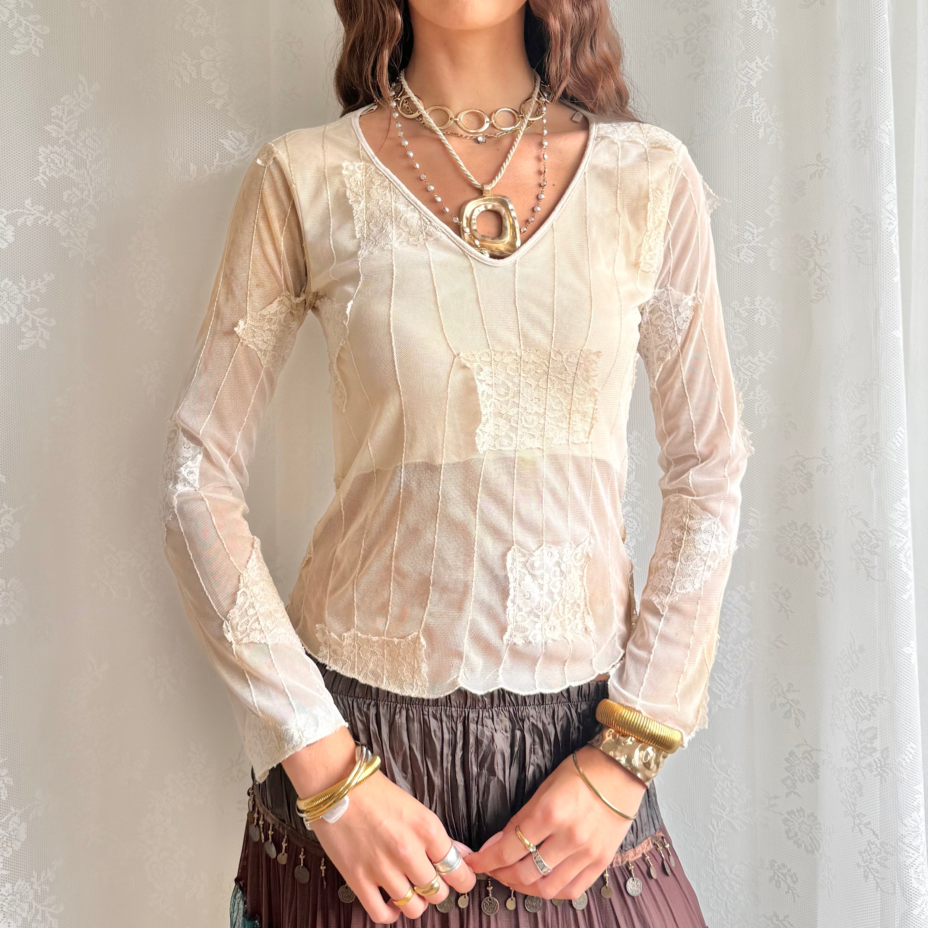 Mesh Lace Long Sleeve Top - Size M