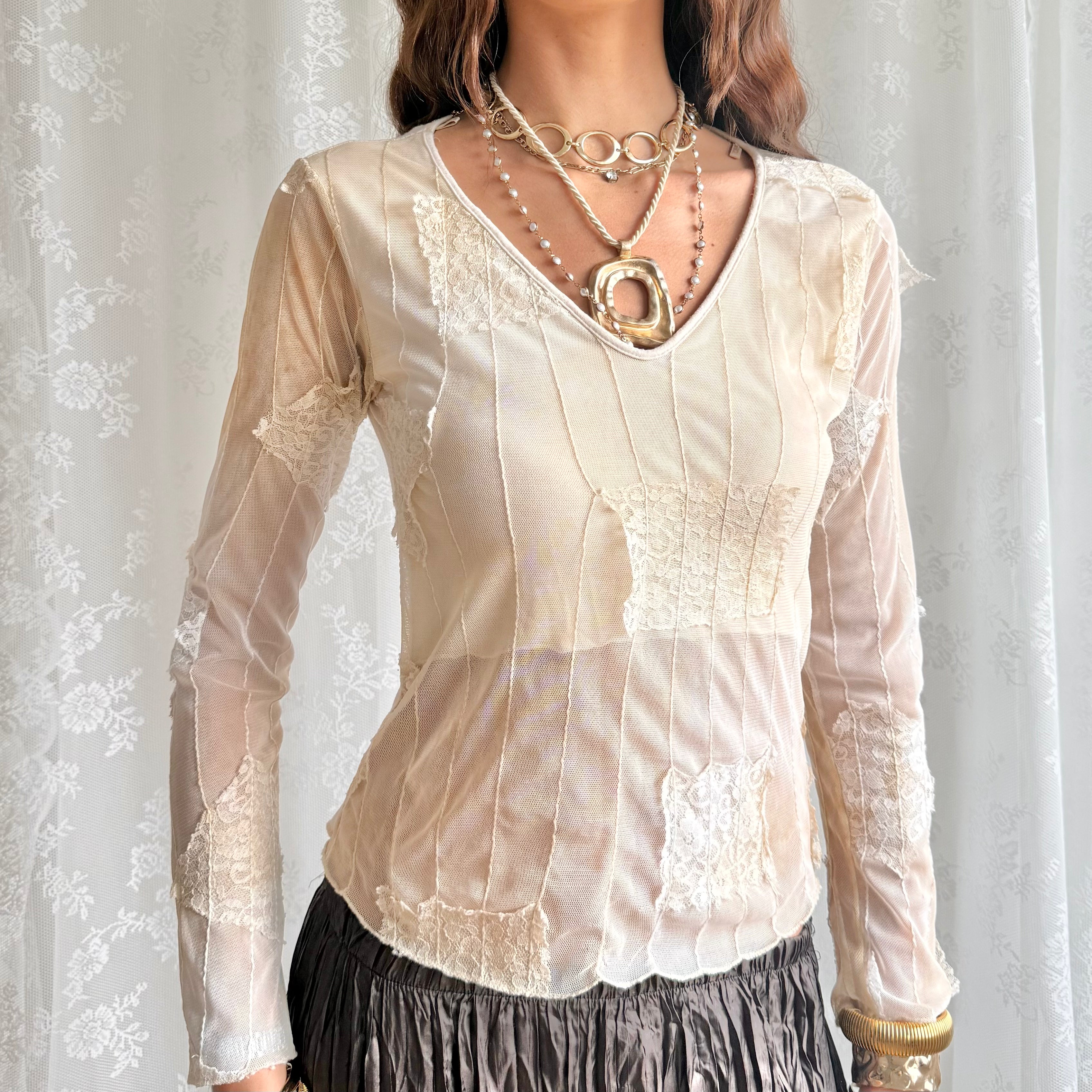 Mesh Lace Long Sleeve Top - Size M