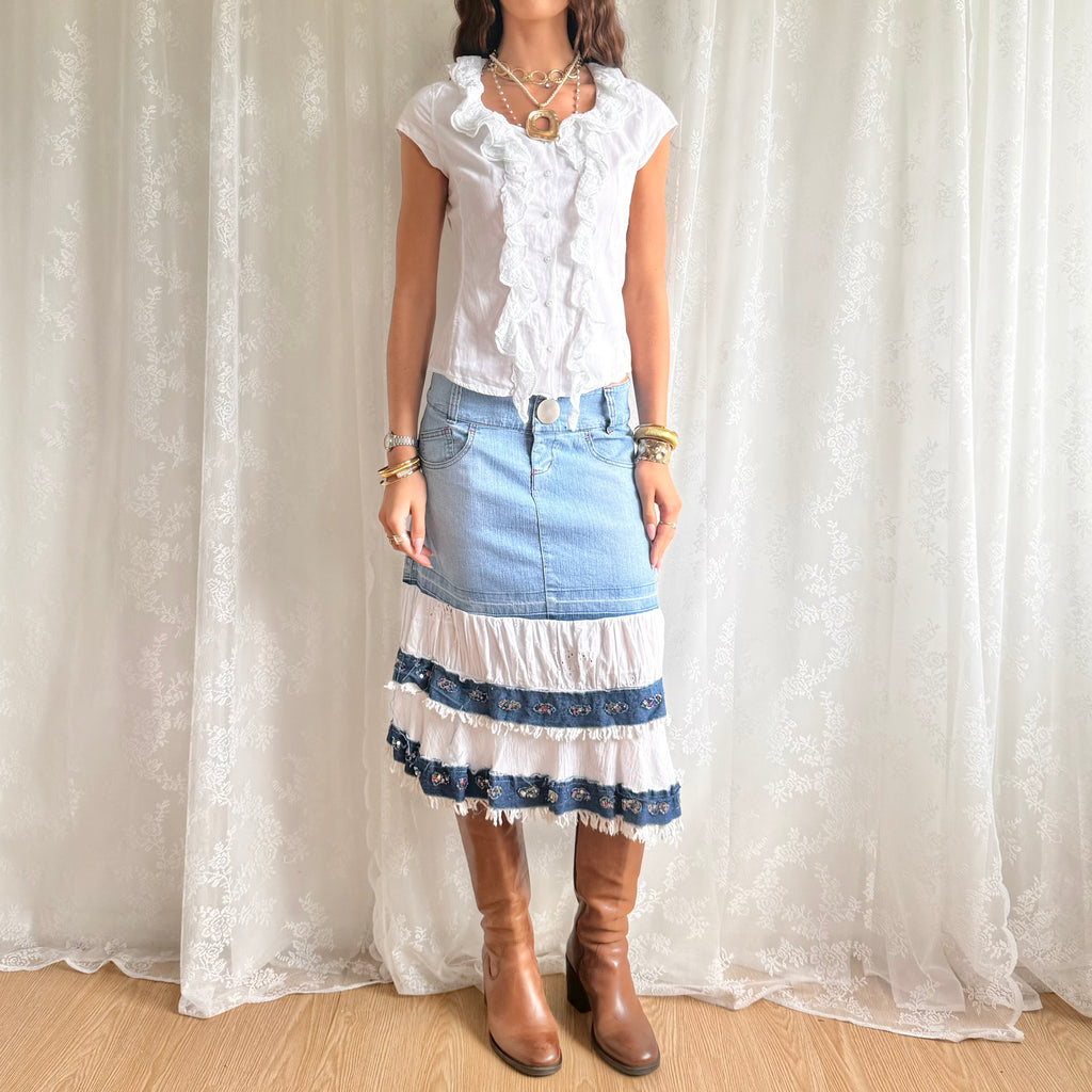 Denim Tiered Sequin Midi Skirt - Size M