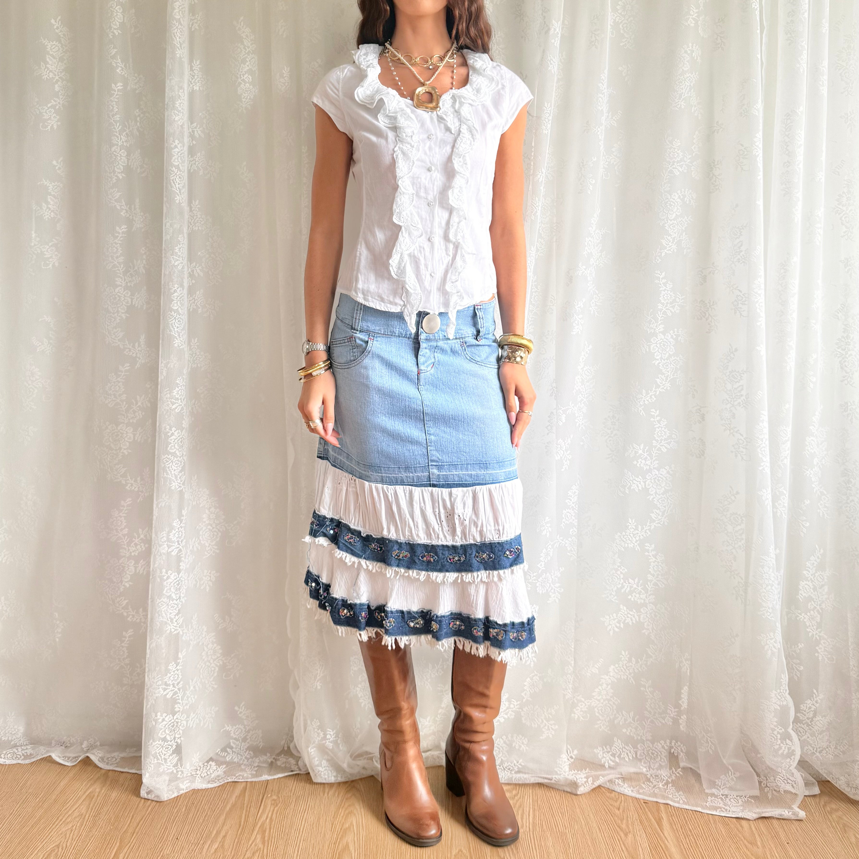 Denim Tiered Sequin Midi Skirt - Size M