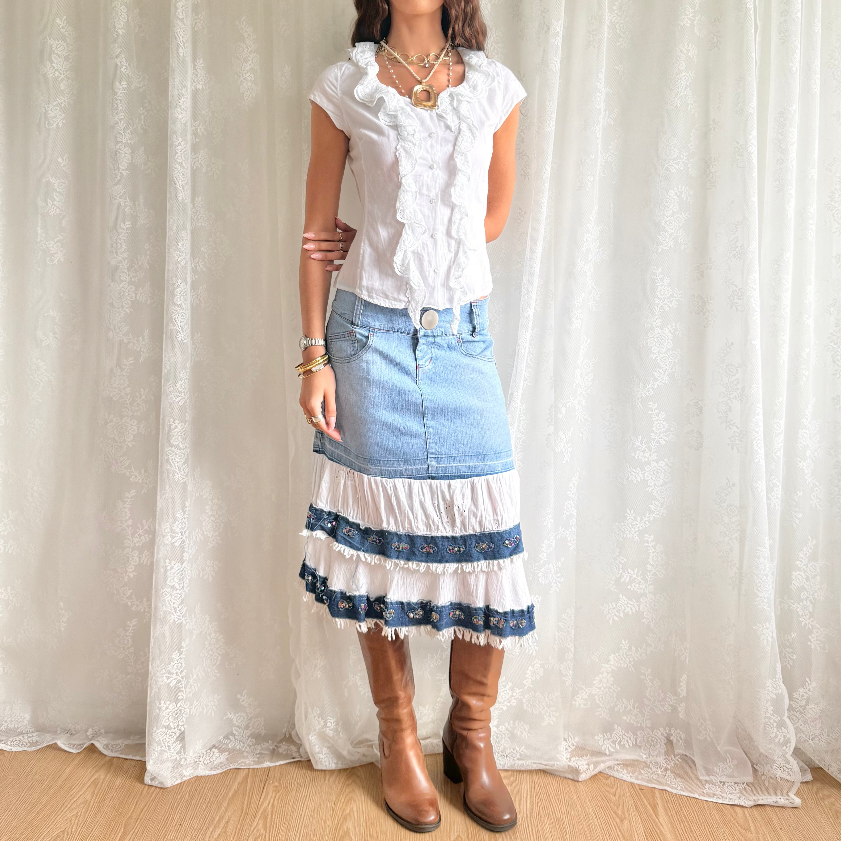 Denim Tiered Sequin Midi Skirt - Size M