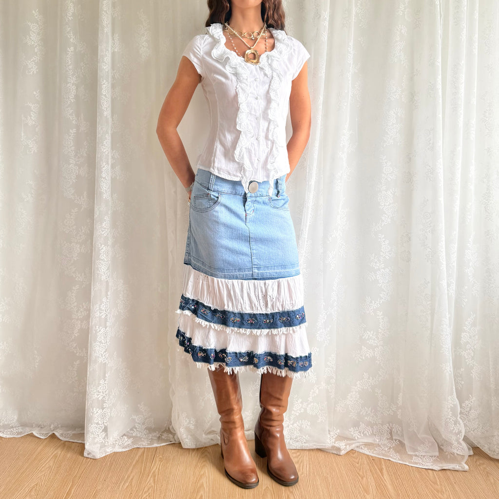 Denim Tiered Sequin Midi Skirt - Size M