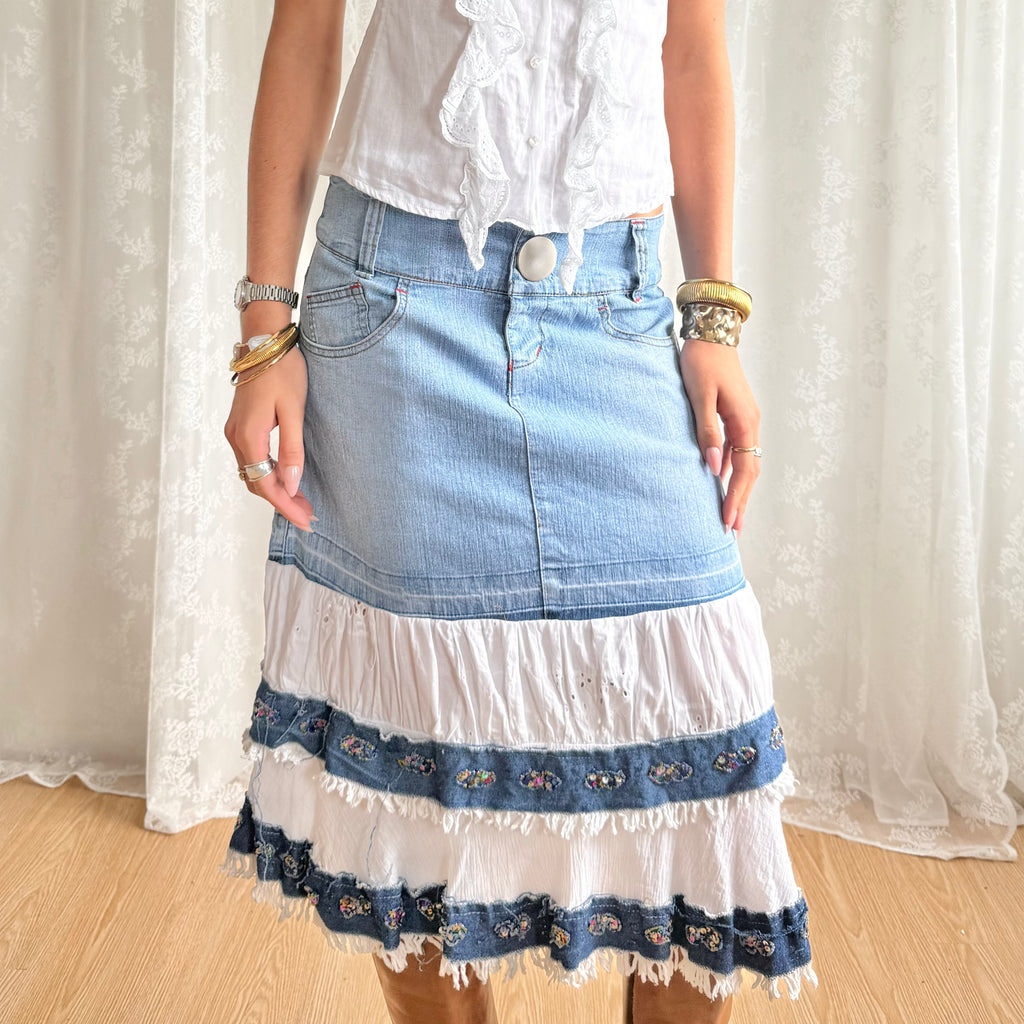 Denim Tiered Sequin Midi Skirt - Size M