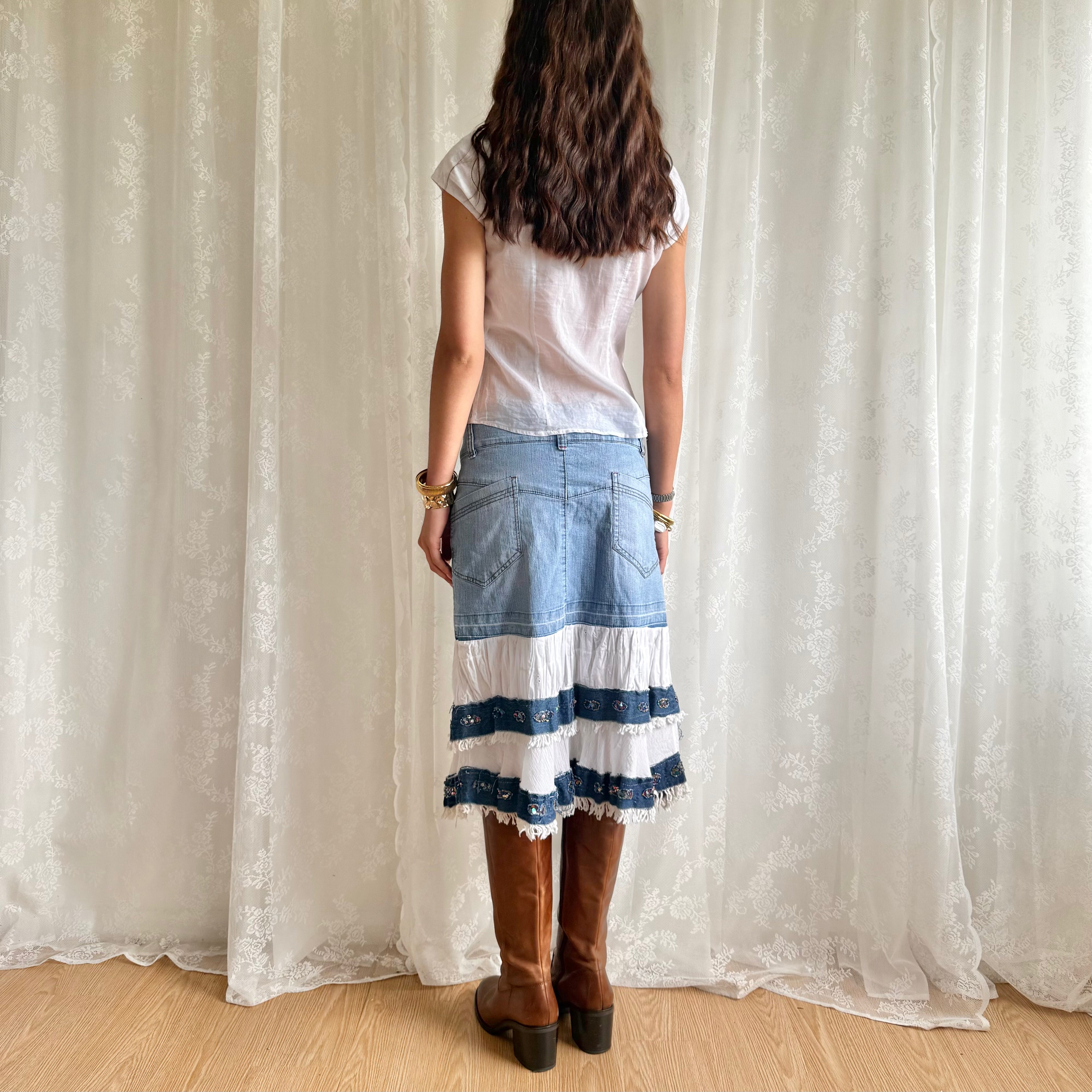 Denim Tiered Sequin Midi Skirt - Size M
