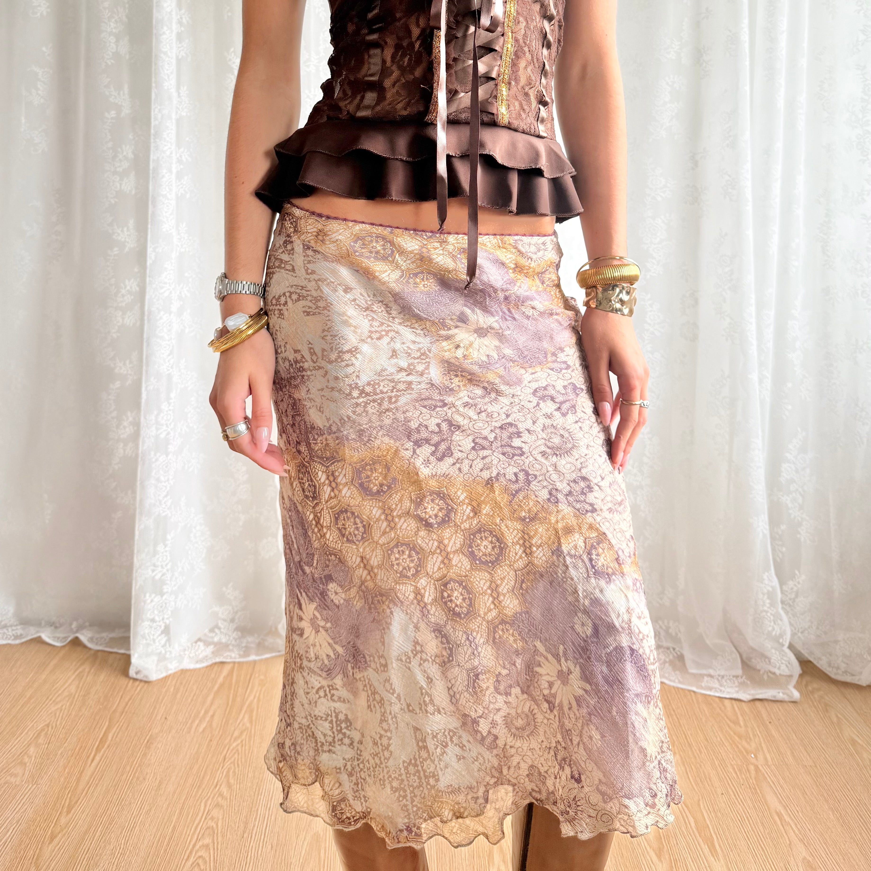 100% Silk Patterned Midi Skirt - Size S
