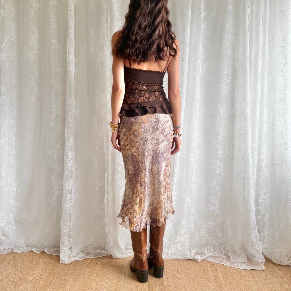 100% Silk Patterned Midi Skirt - Size S