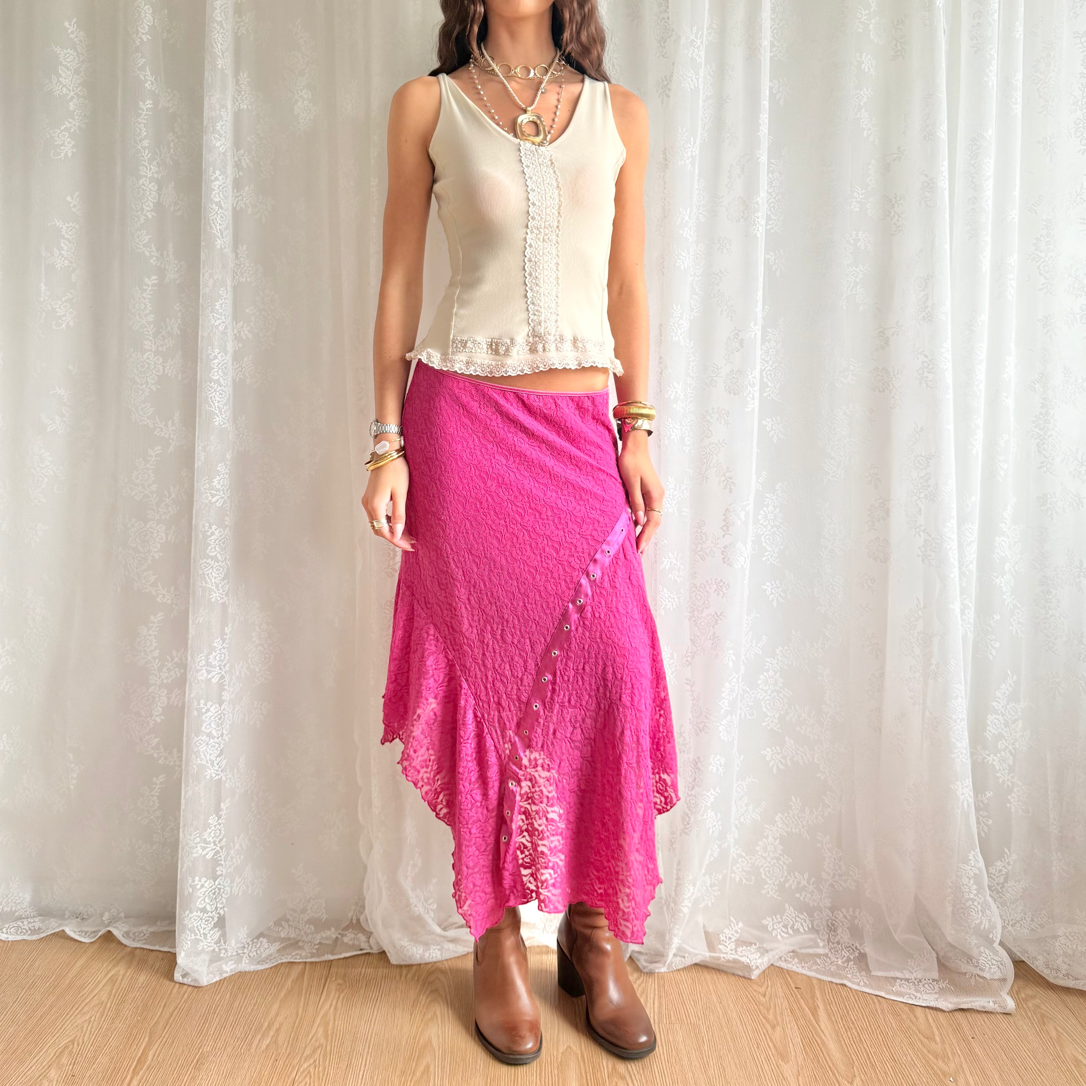 Lace Asymmetric Midi Skirt - Size L