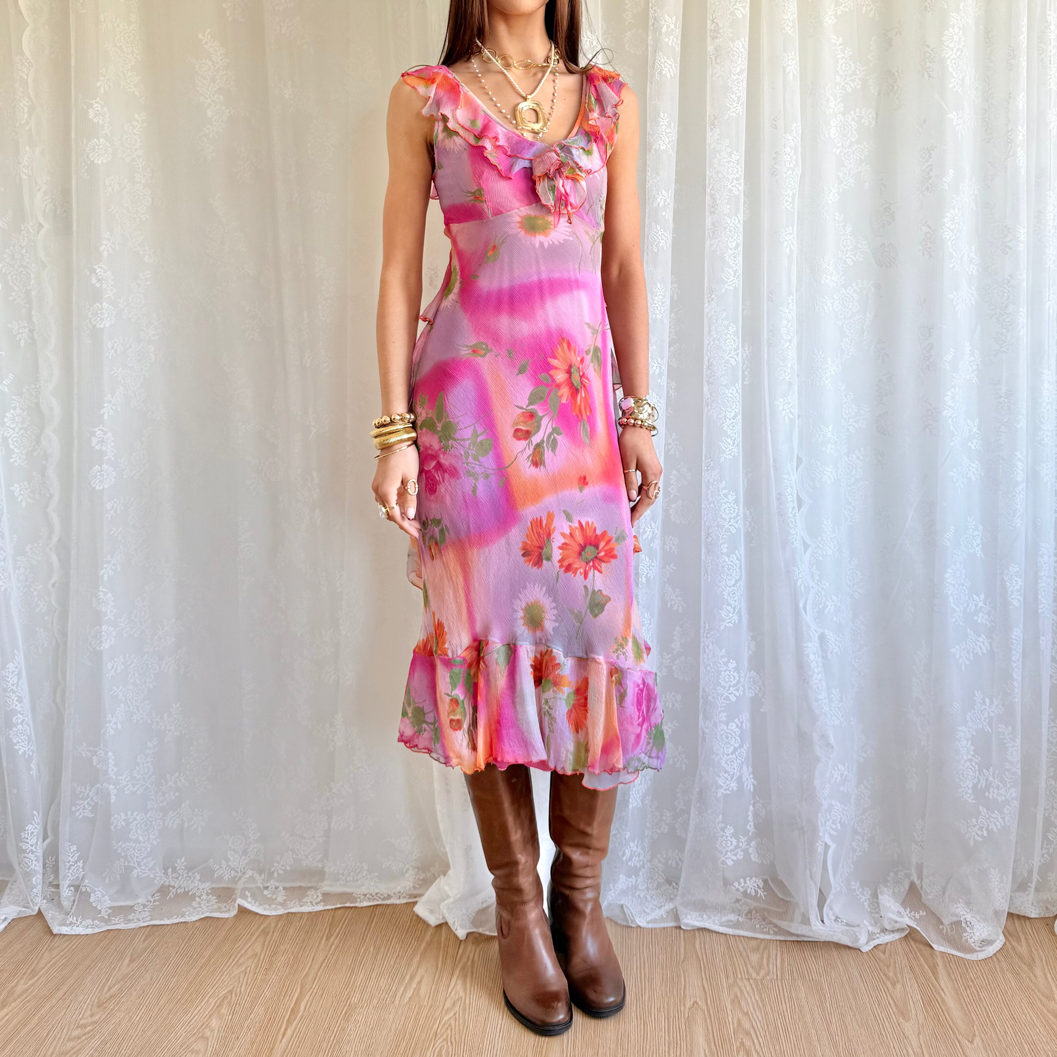 Floral Ruffle Midi Dress - Size M