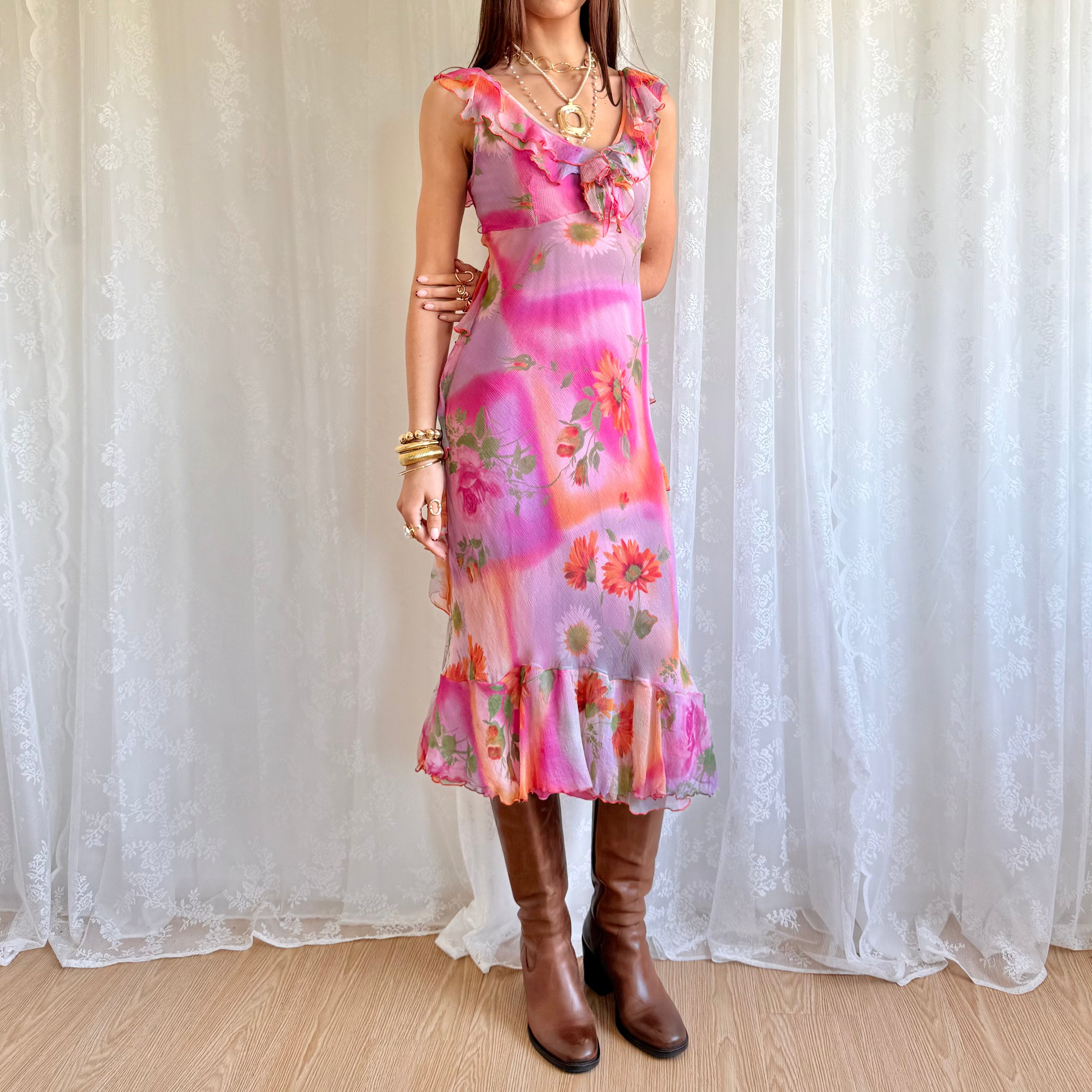 Floral Ruffle Midi Dress - Size M