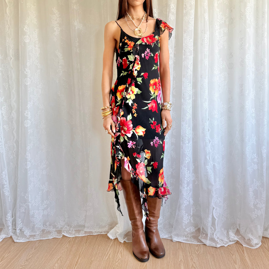 Asymmetric Floral Midi Dress - Size L