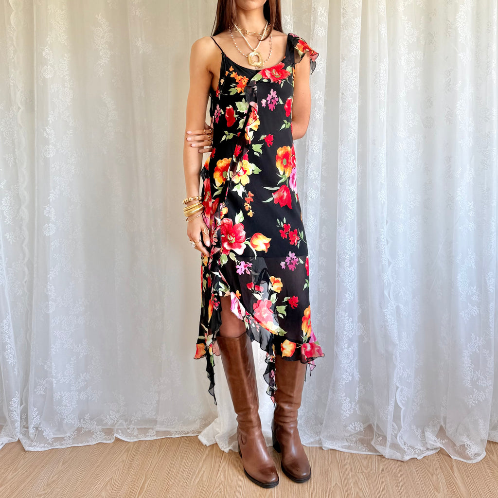 Asymmetric Floral Midi Dress - Size L