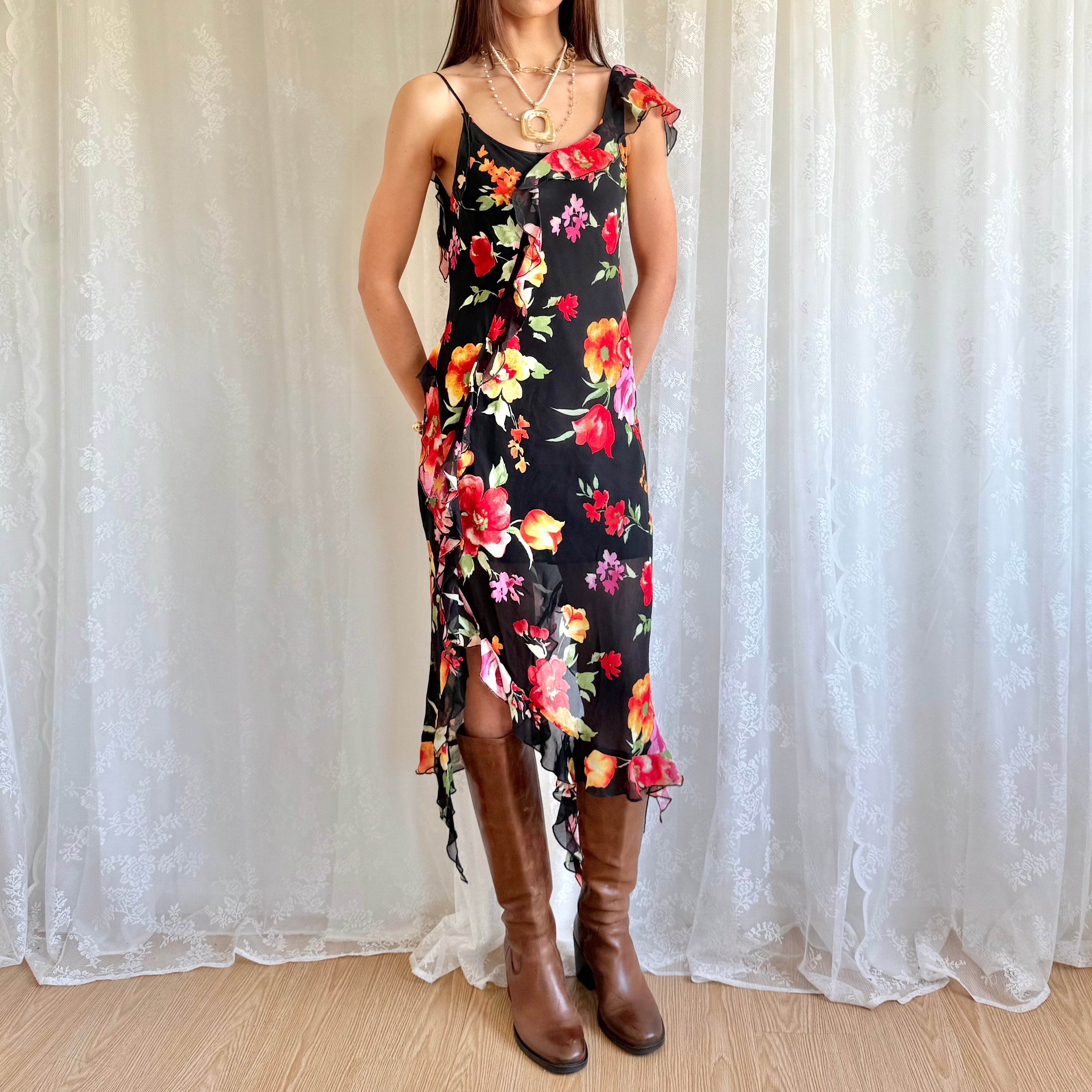 Asymmetric Floral Midi Dress - Size L