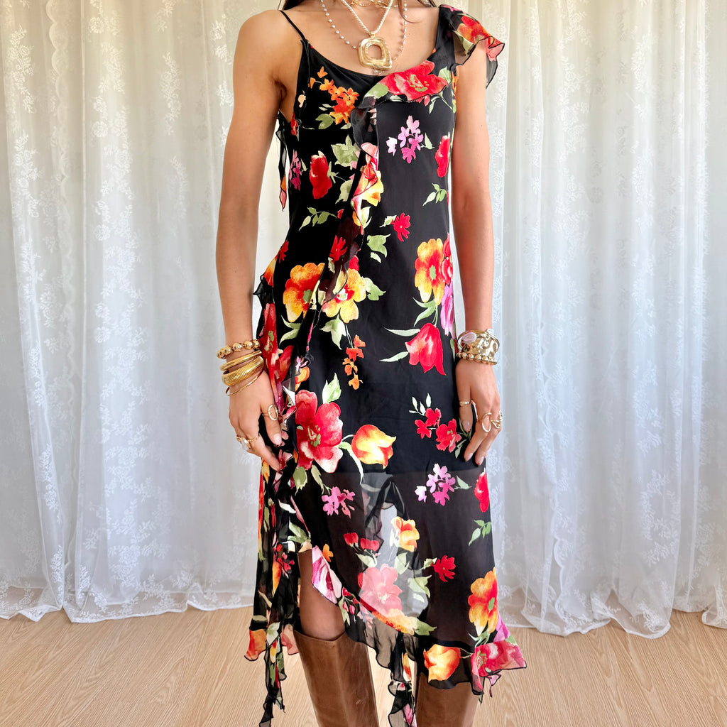 Asymmetric Floral Midi Dress - Size L