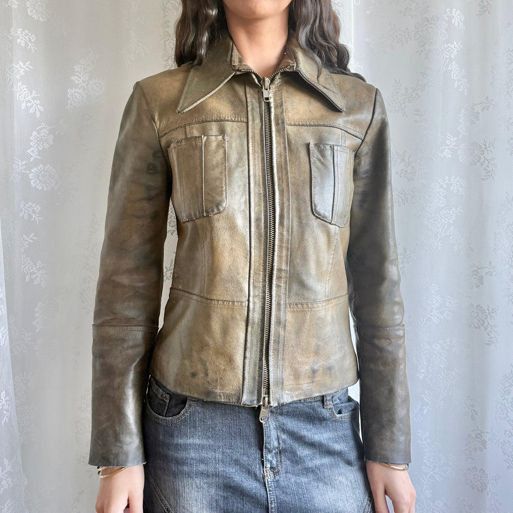 Genuine Leather Zip Jacket - Size M