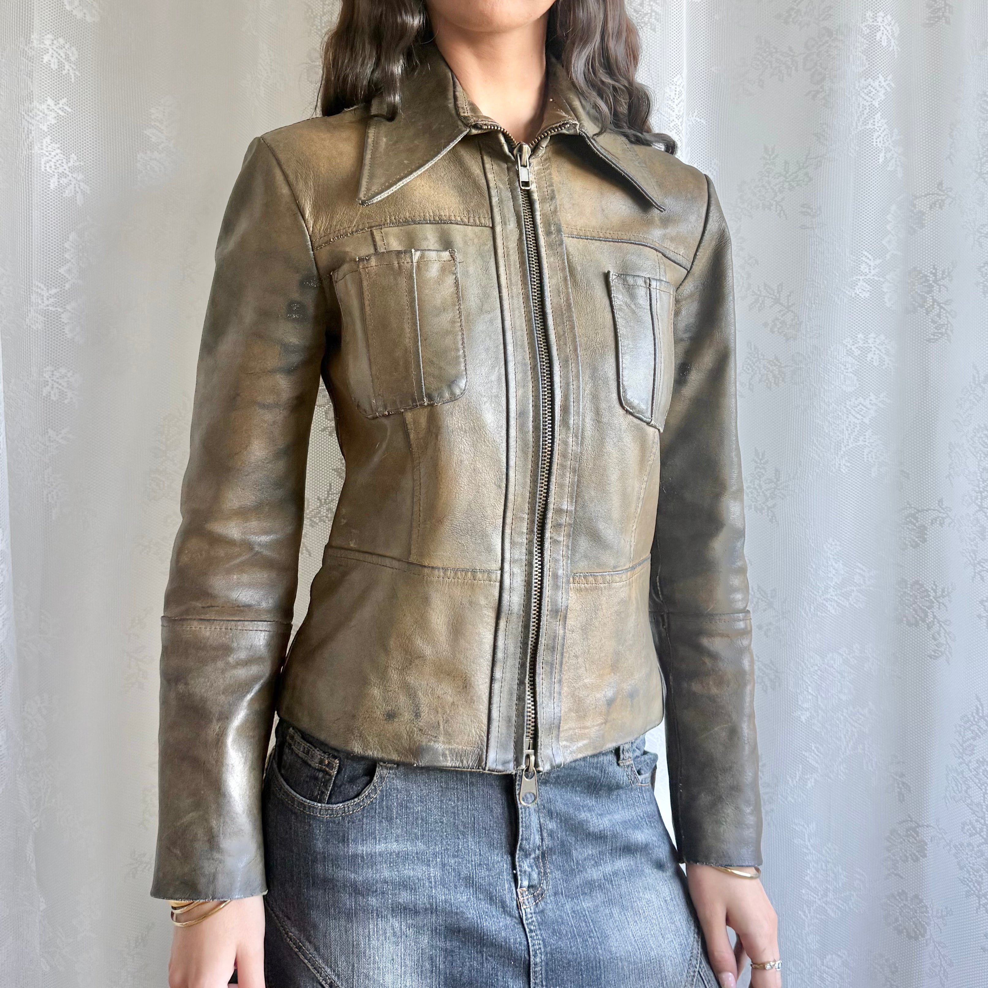 Genuine Leather Zip Jacket - Size M