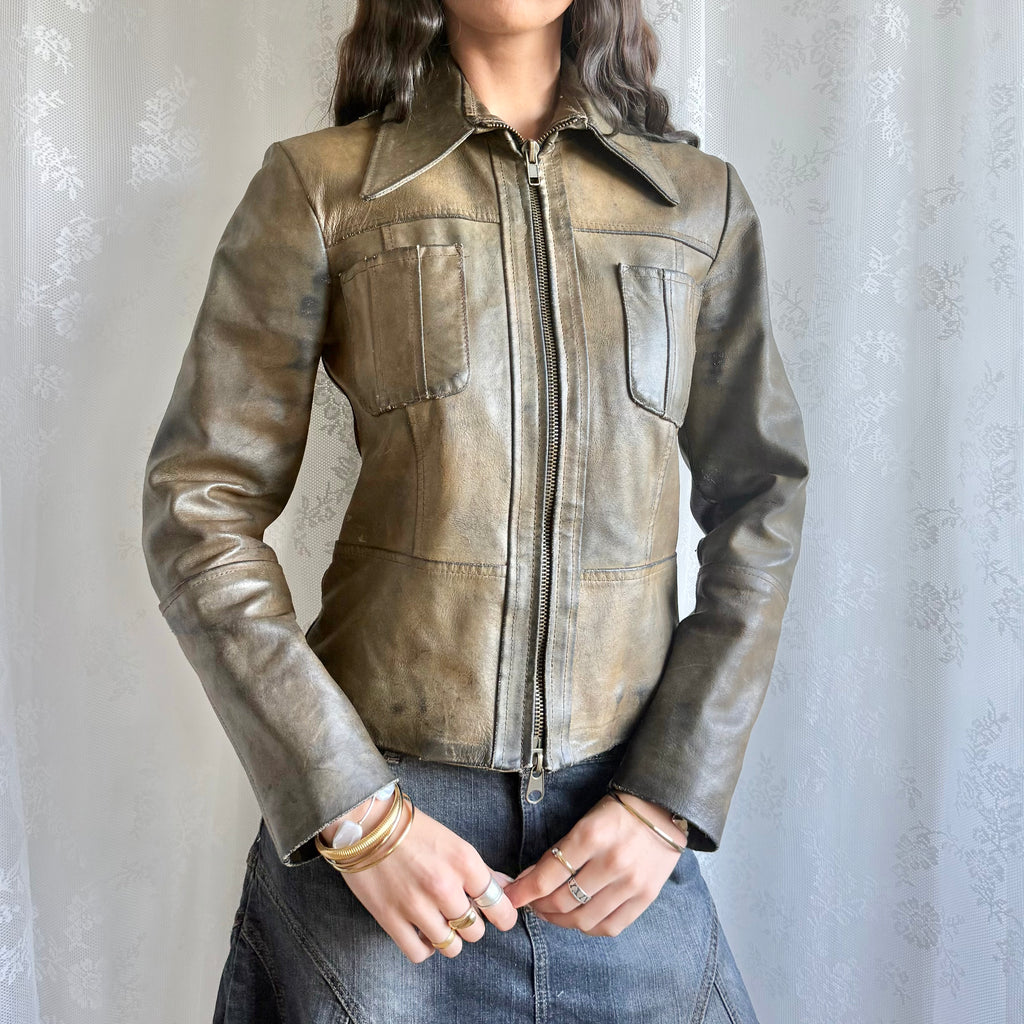 Genuine Leather Zip Jacket - Size M