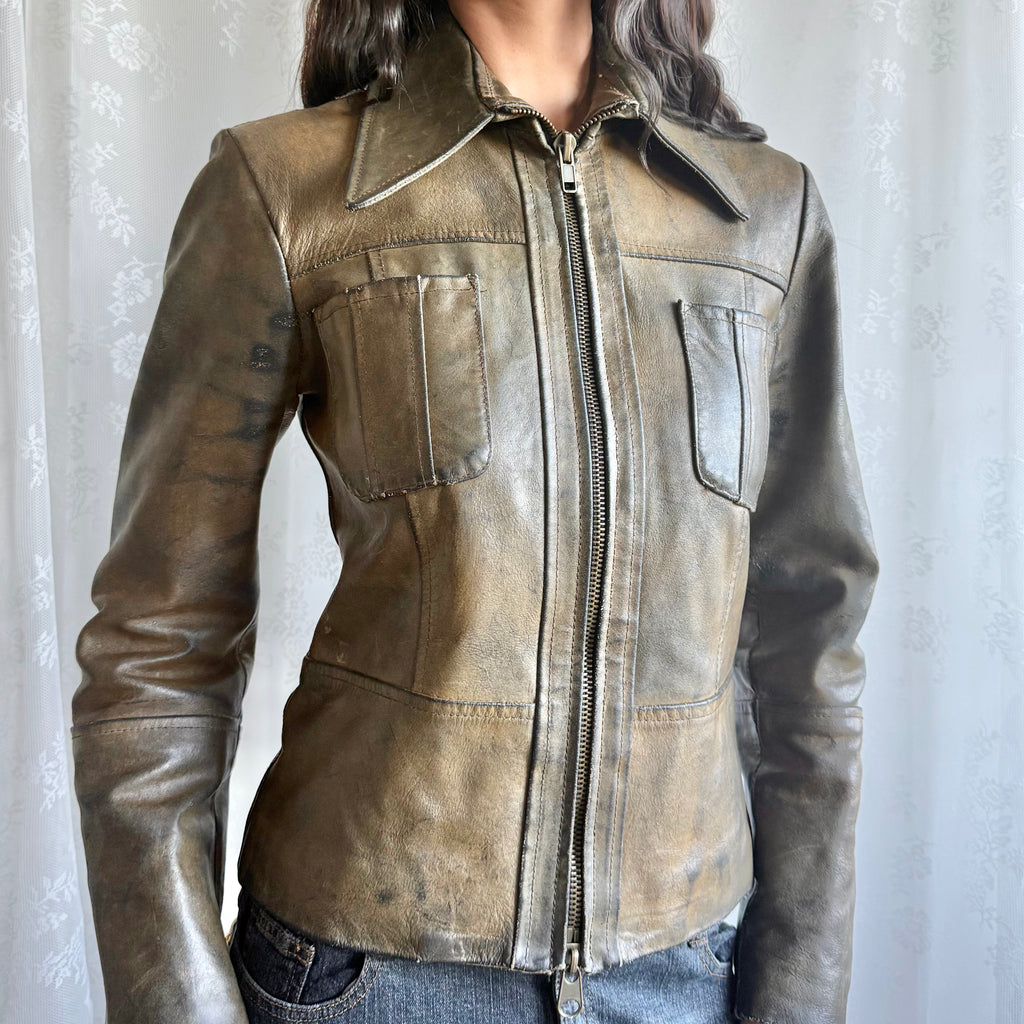 Genuine Leather Zip Jacket - Size M