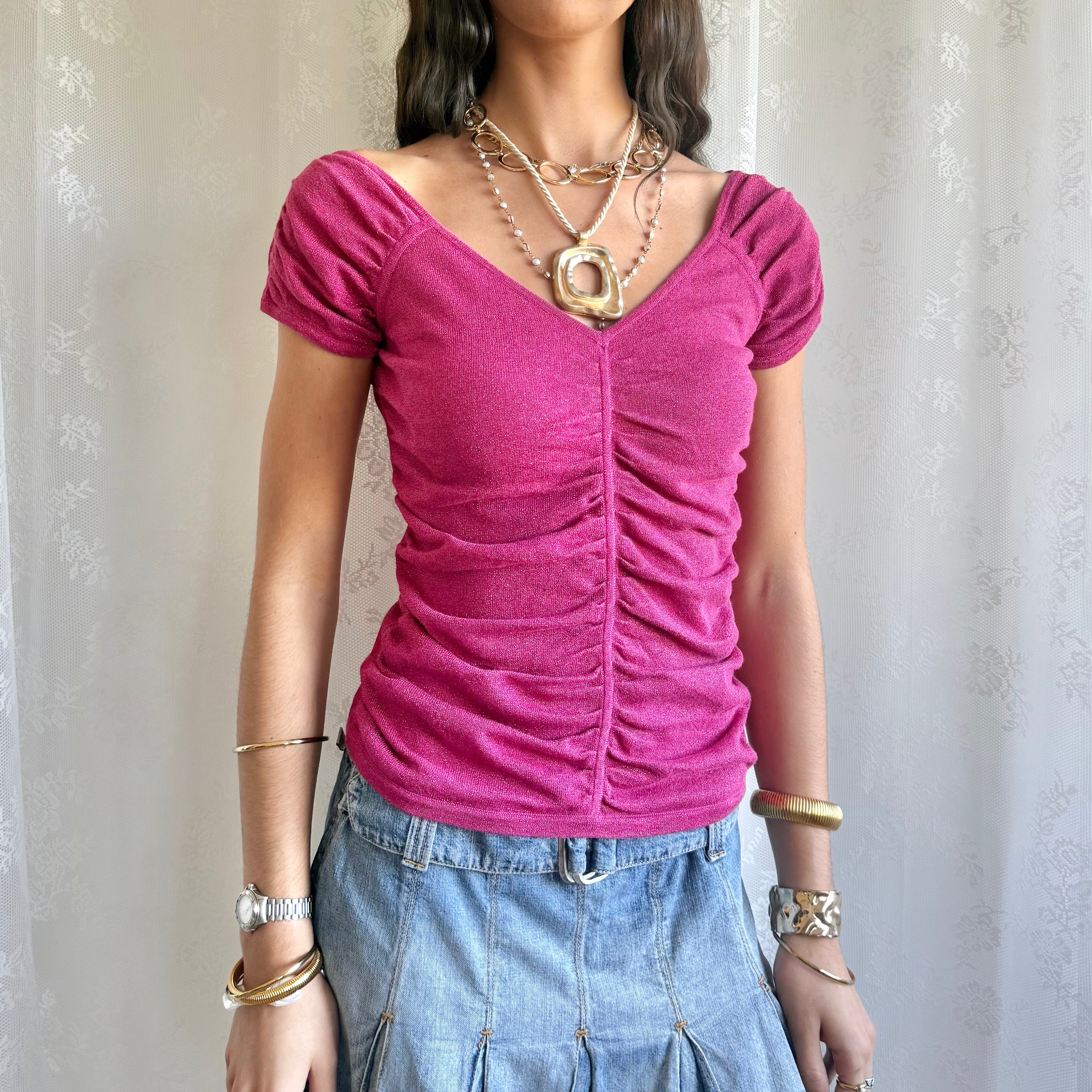 Ruched Glitter Crop Top - Size L
