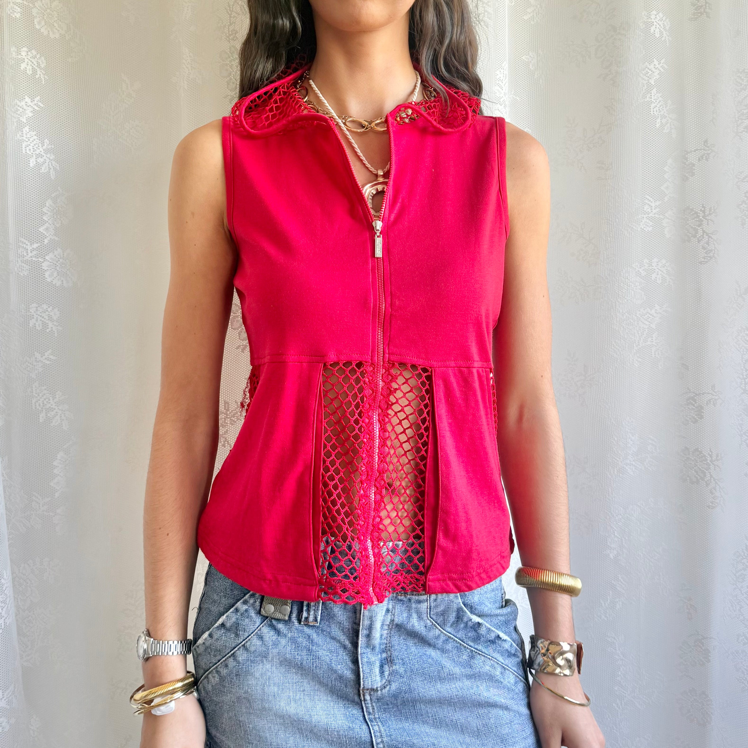 Fishnet Zip Up Crop Top - Size L