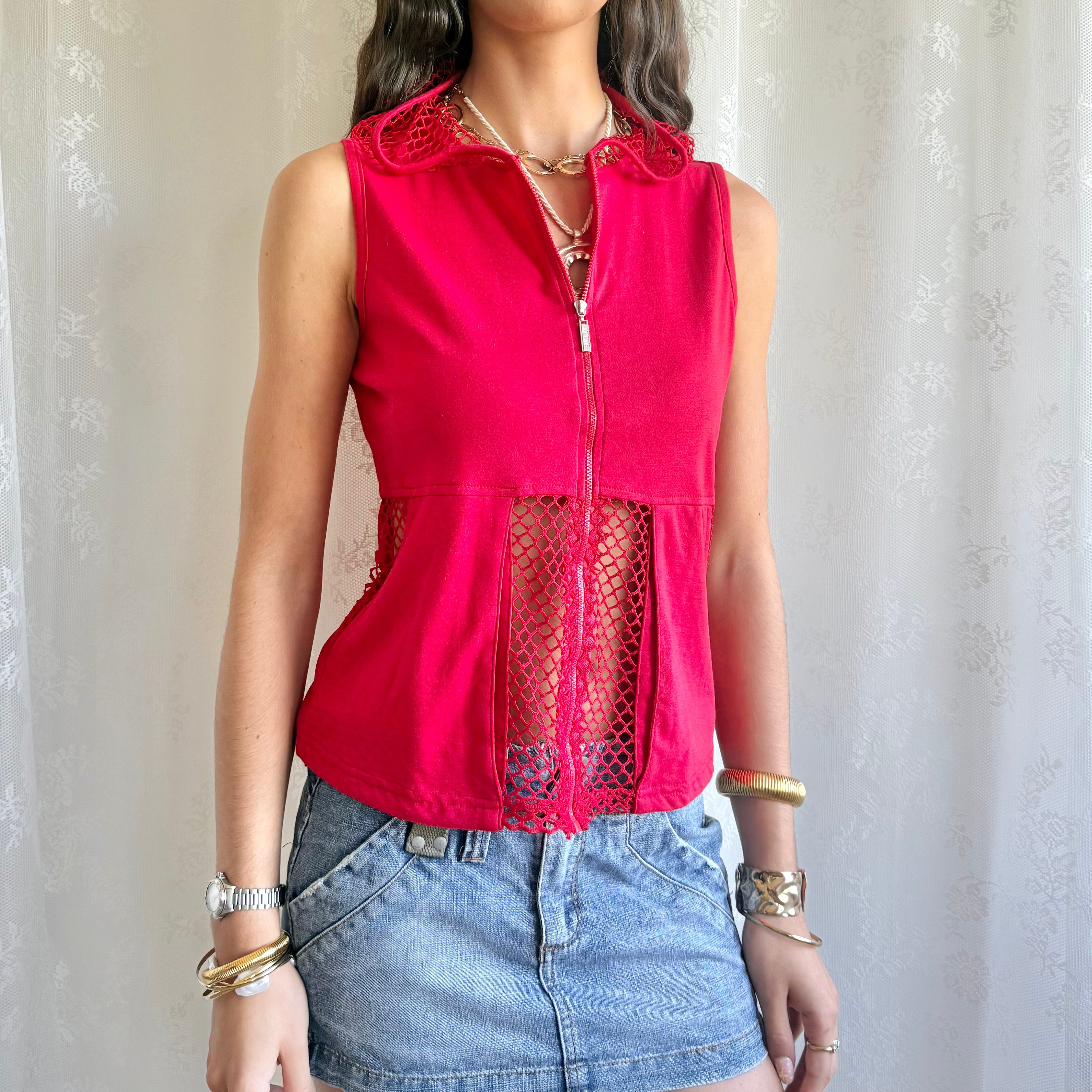 Fishnet Zip Up Crop Top - Size L