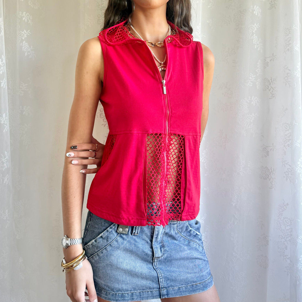 Fishnet Zip Up Crop Top - Size L