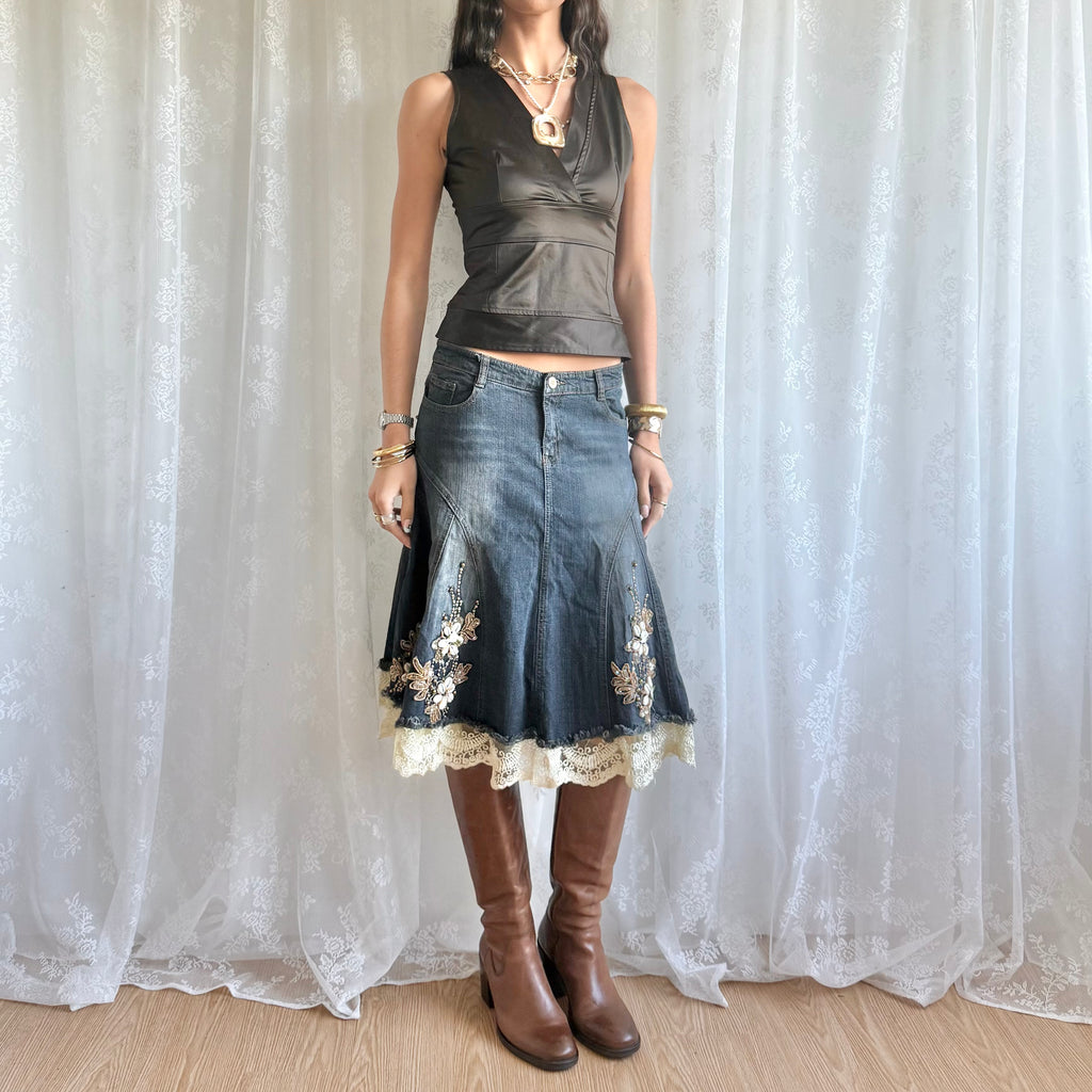 Sequin Lace Denim Midi Skirt - Size M