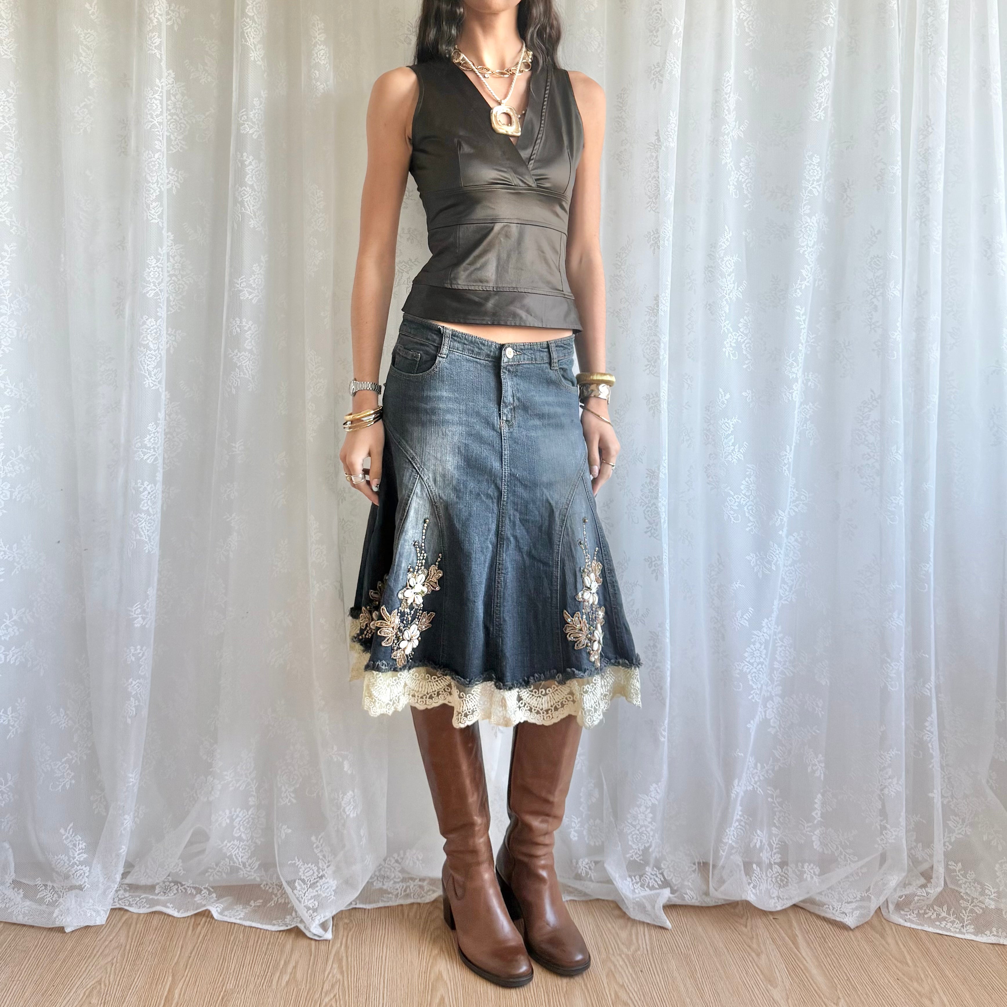 Sequin Lace Denim Midi Skirt - Size M