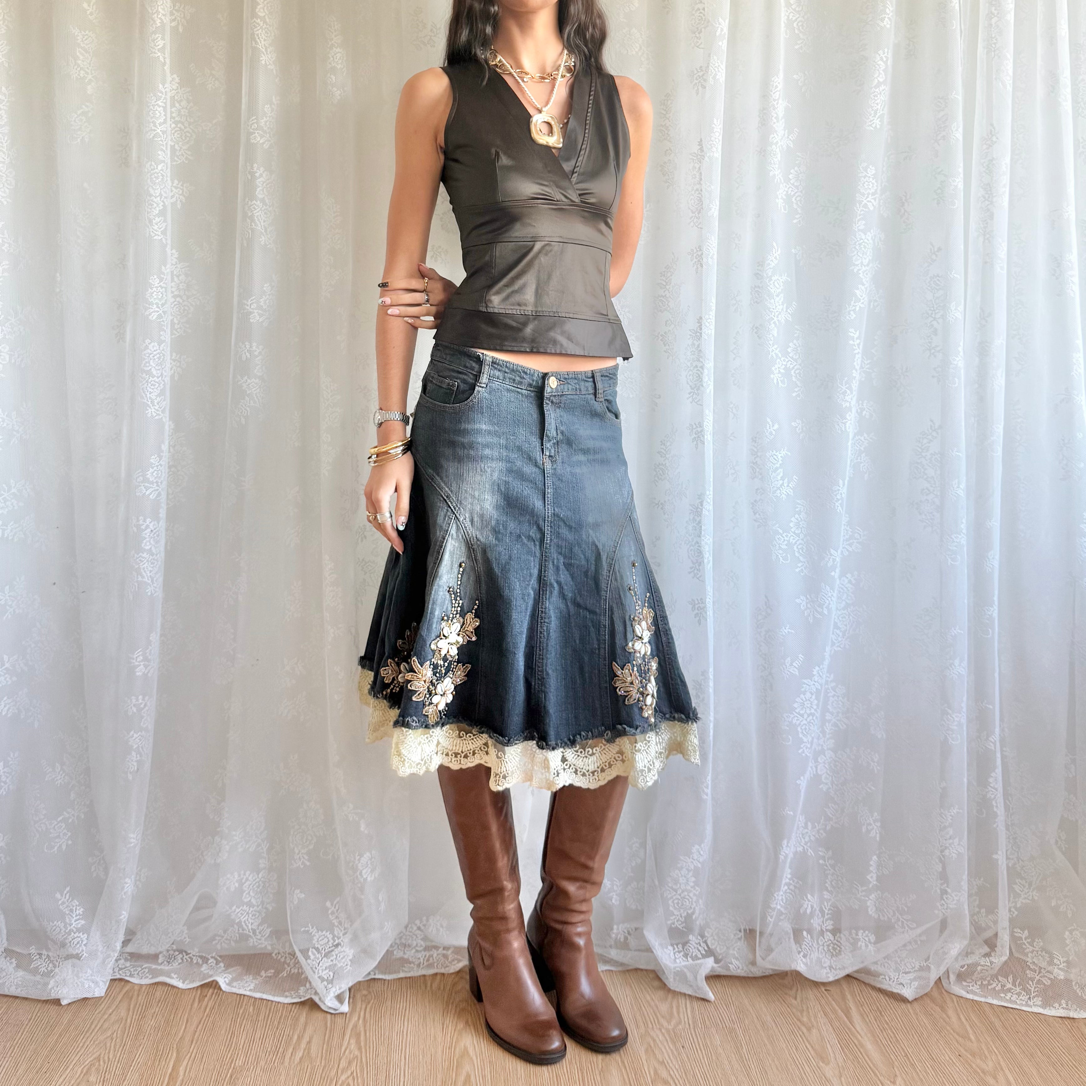 Sequin Lace Denim Midi Skirt - Size M