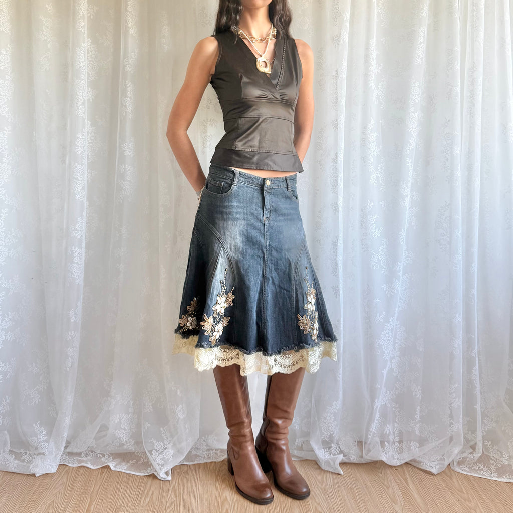 Sequin Lace Denim Midi Skirt - Size M