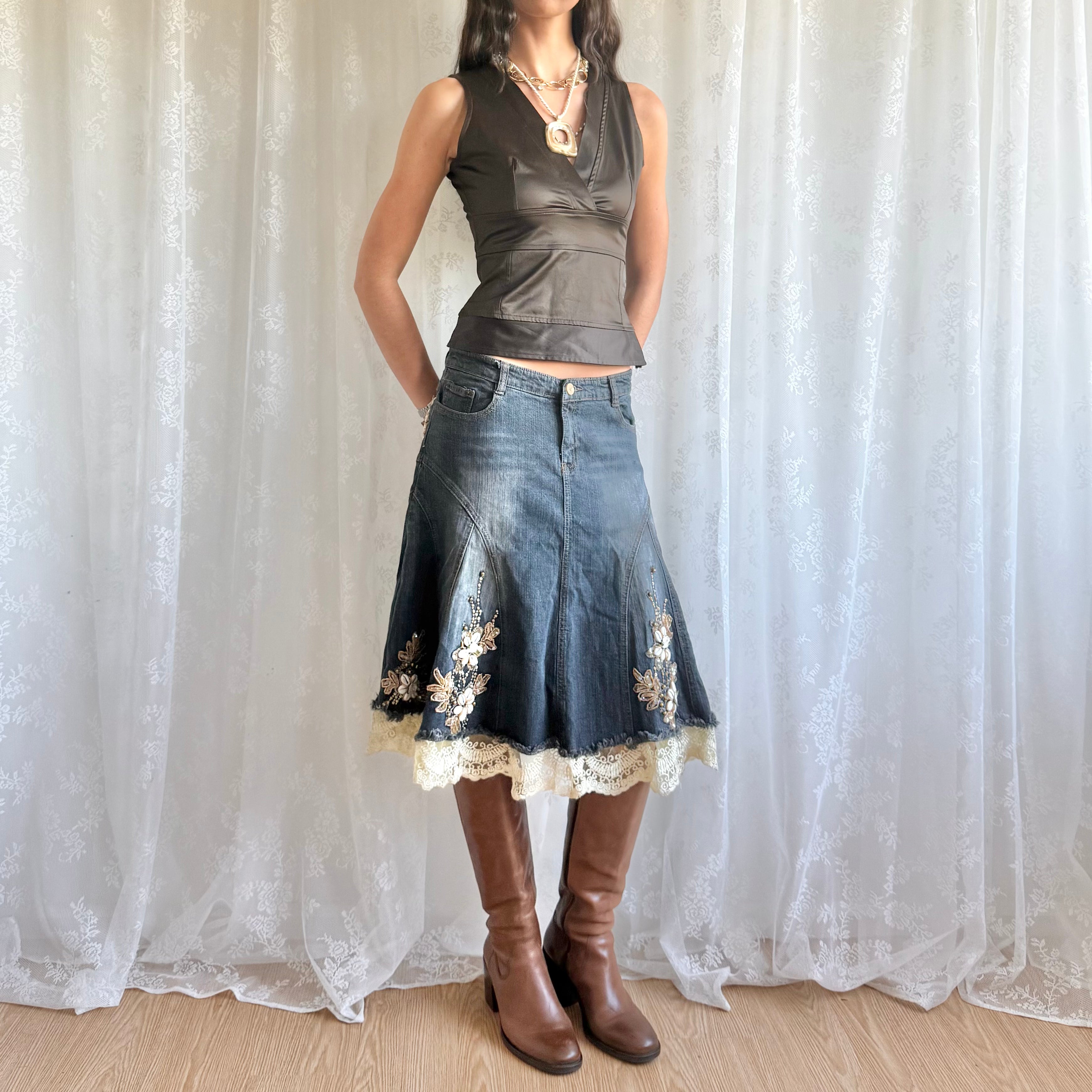 Sequin Lace Denim Midi Skirt - Size M