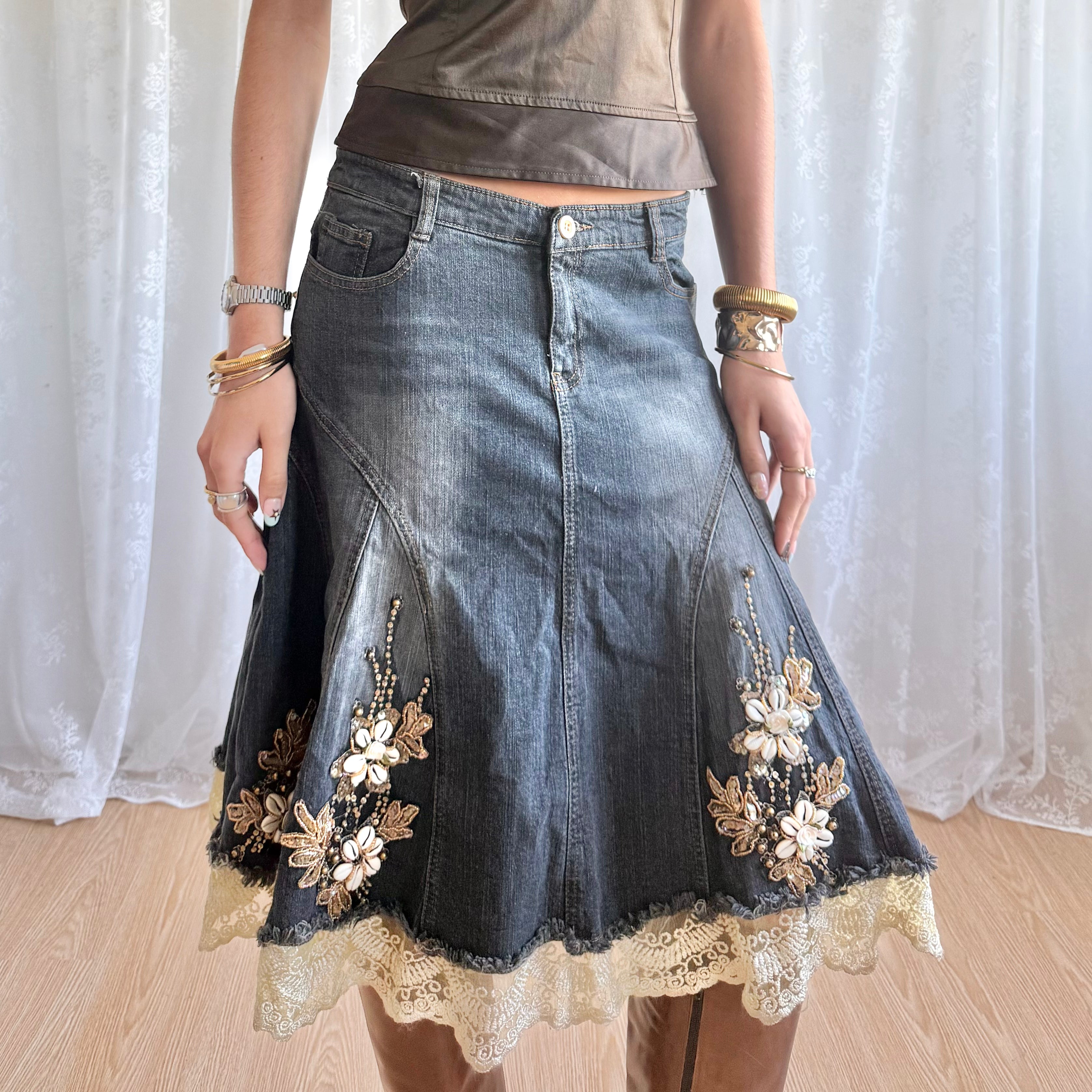 Sequin Lace Denim Midi Skirt - Size M