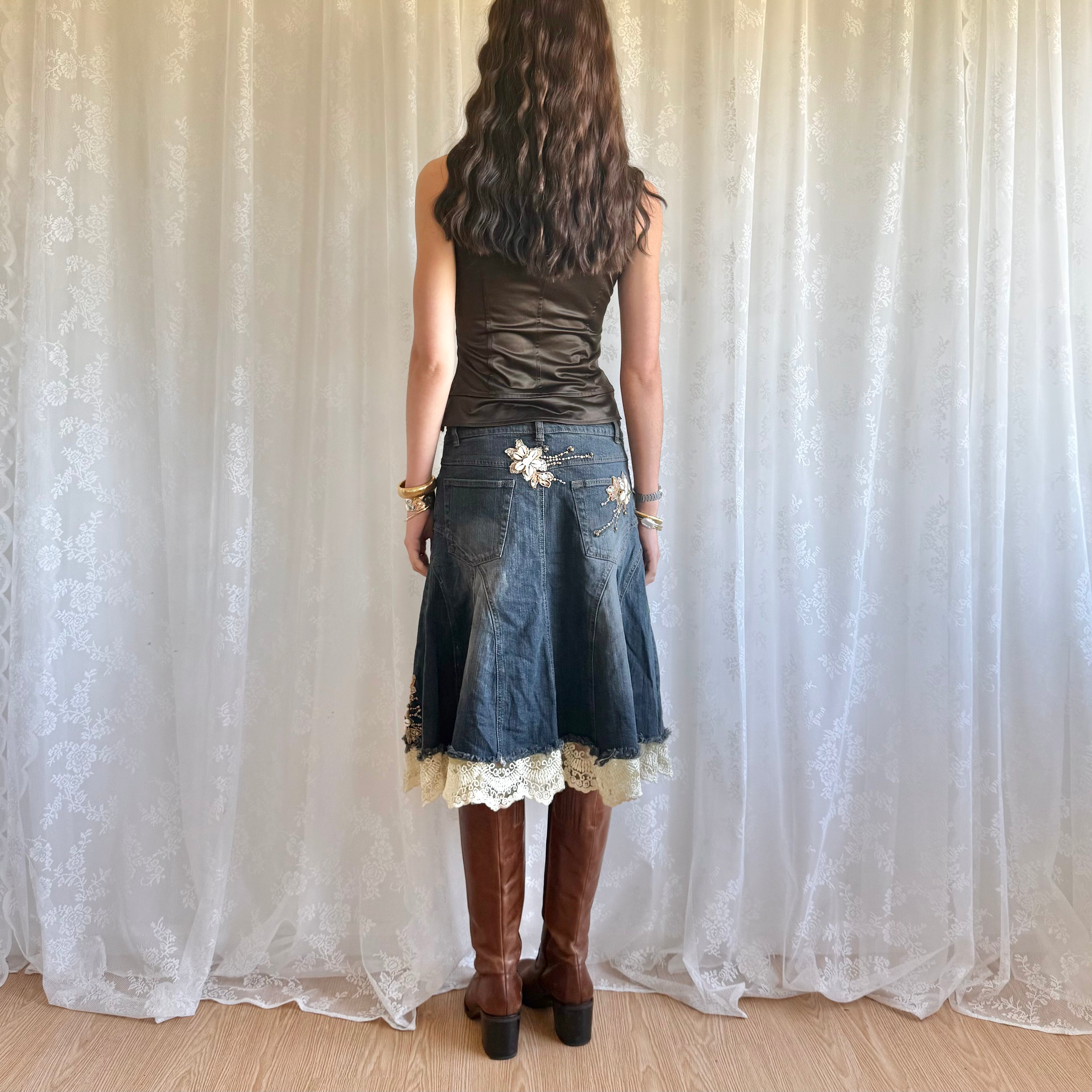Sequin Lace Denim Midi Skirt - Size M