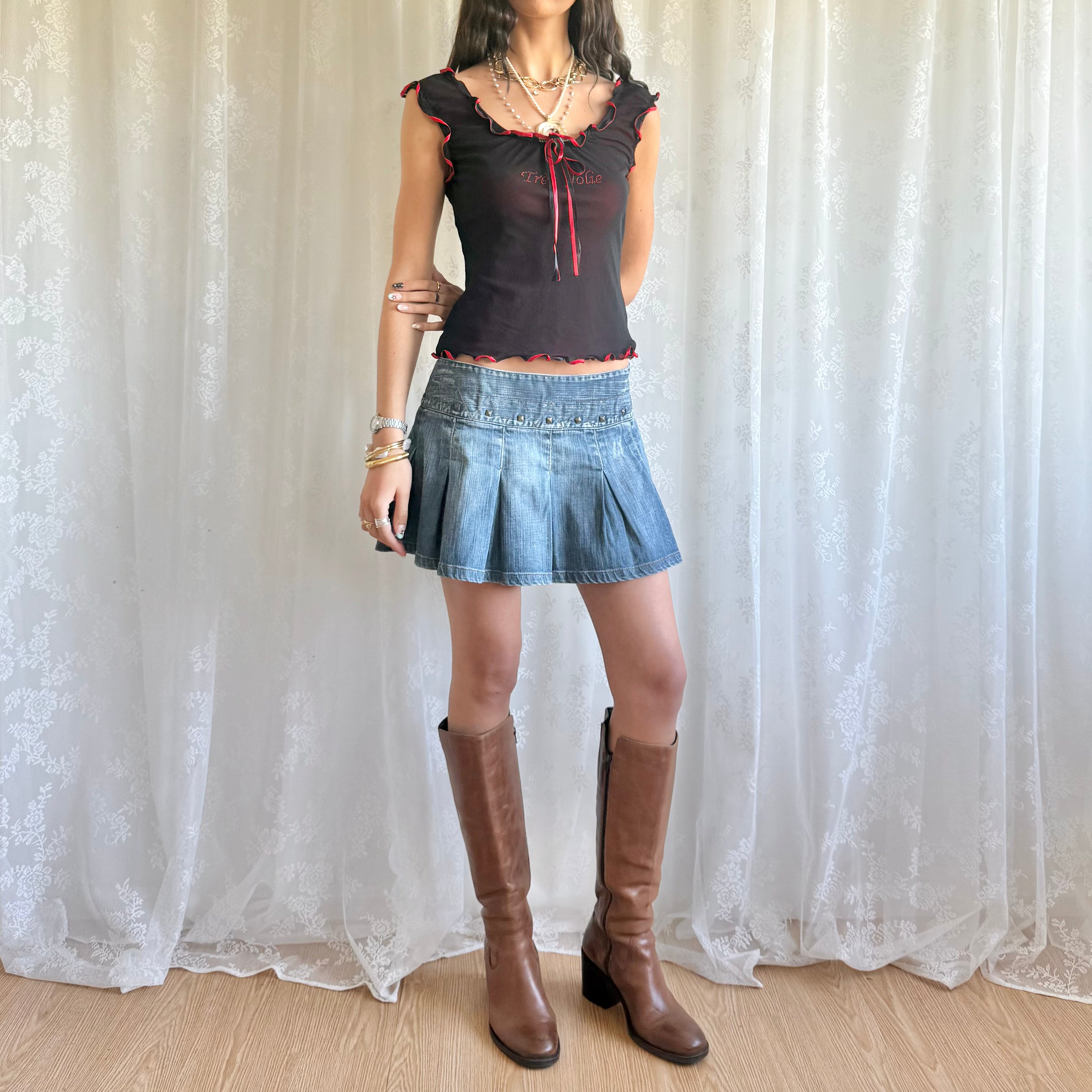 Denim Pleated Mini Skirt - Size M