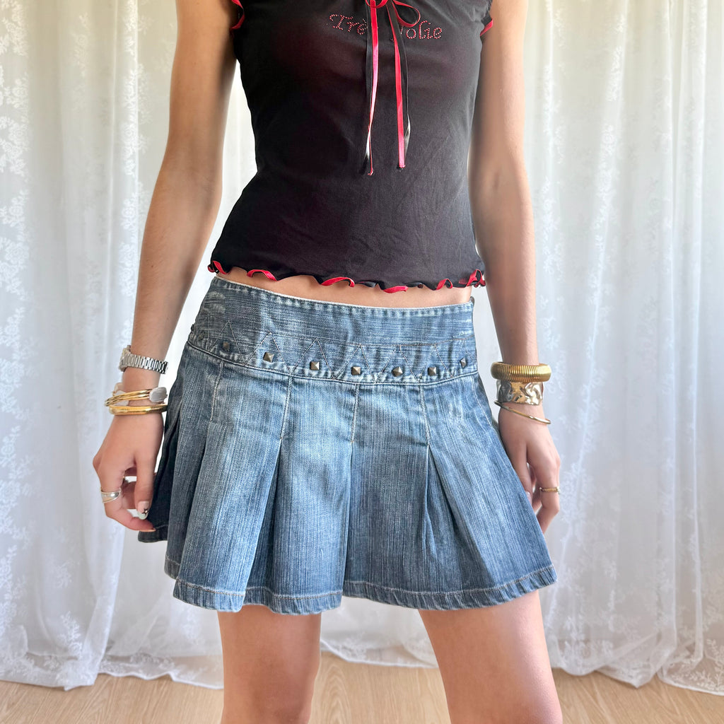 Denim Pleated Mini Skirt - Size M
