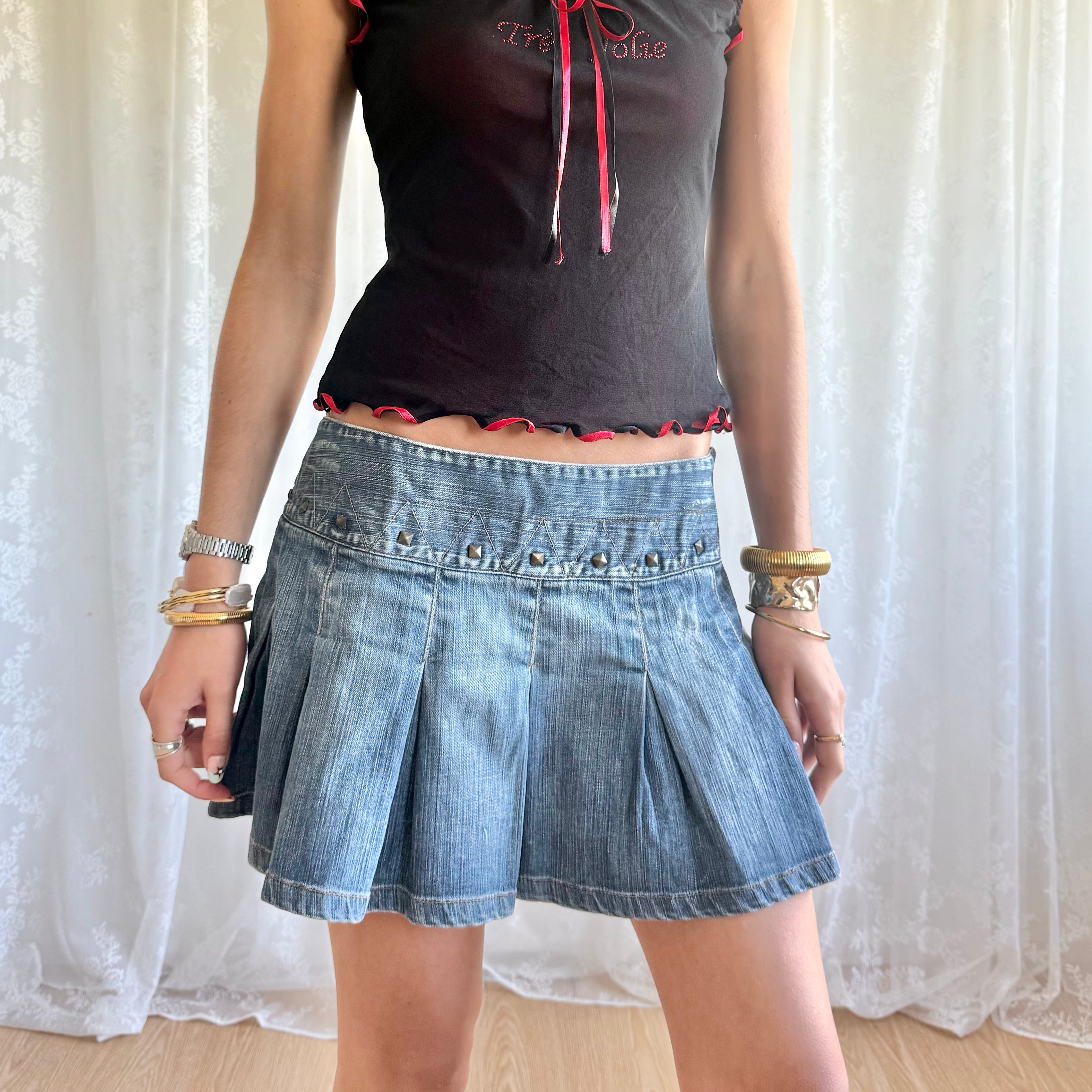Denim Pleated Mini Skirt - Size M