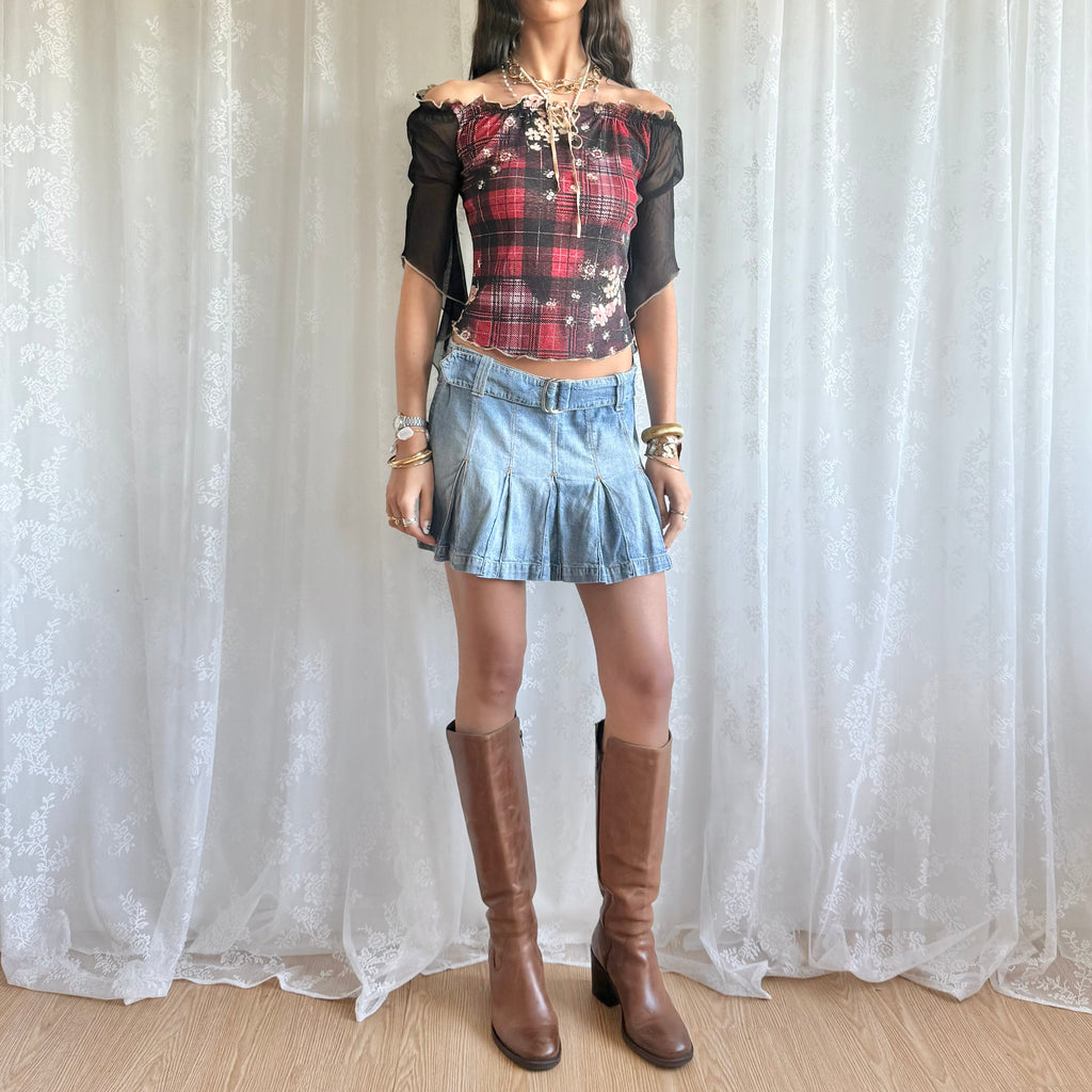Denim Buckle Pleated Mini Skirt - Size M
