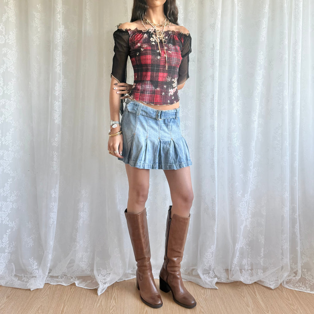 Denim Buckle Pleated Mini Skirt - Size M