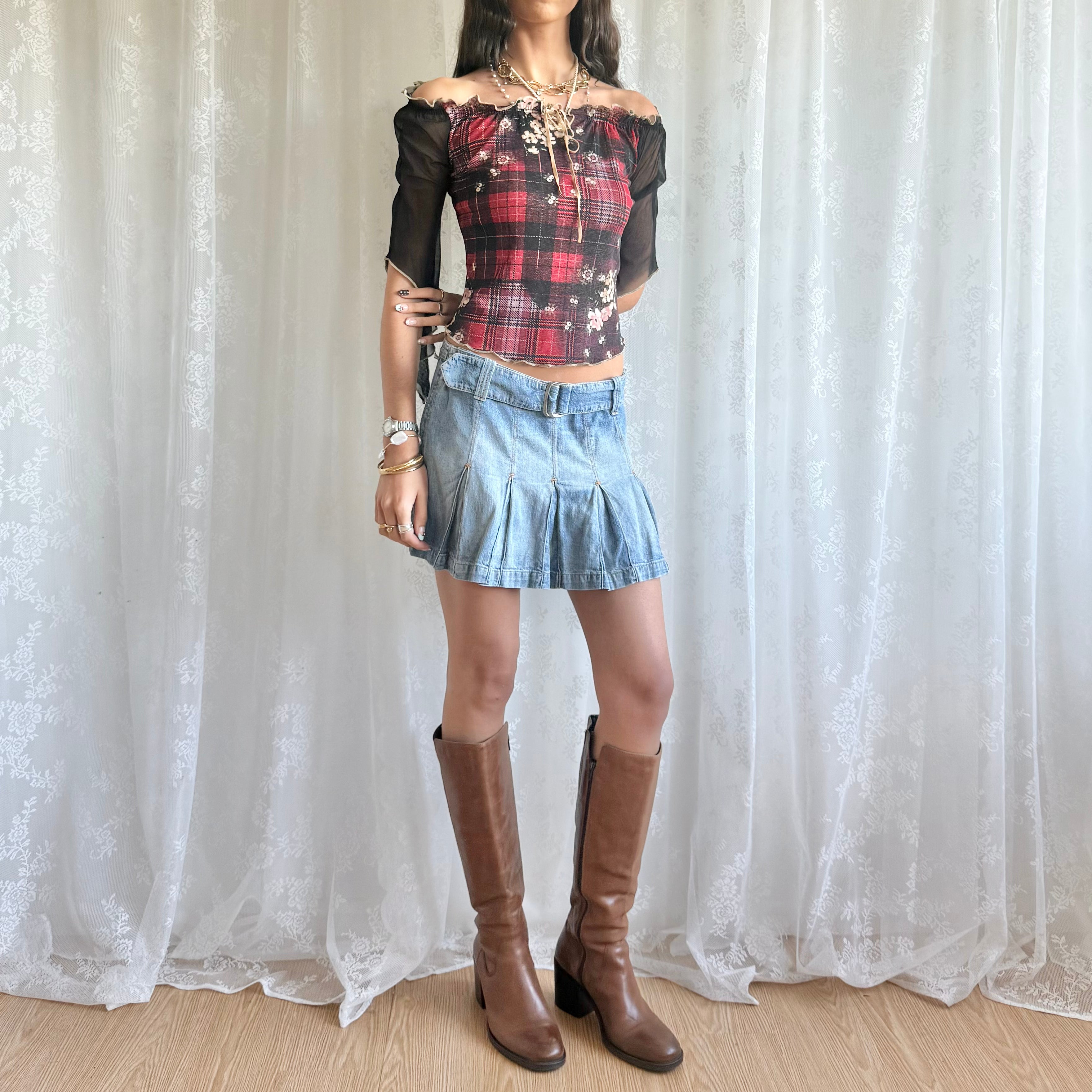 Denim Buckle Pleated Mini Skirt - Size M