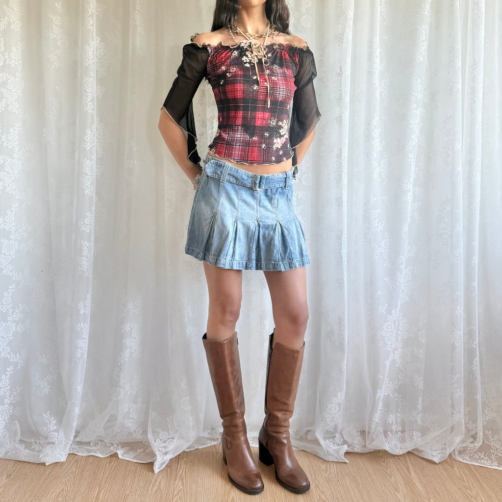 Denim Buckle Pleated Mini Skirt - Size M