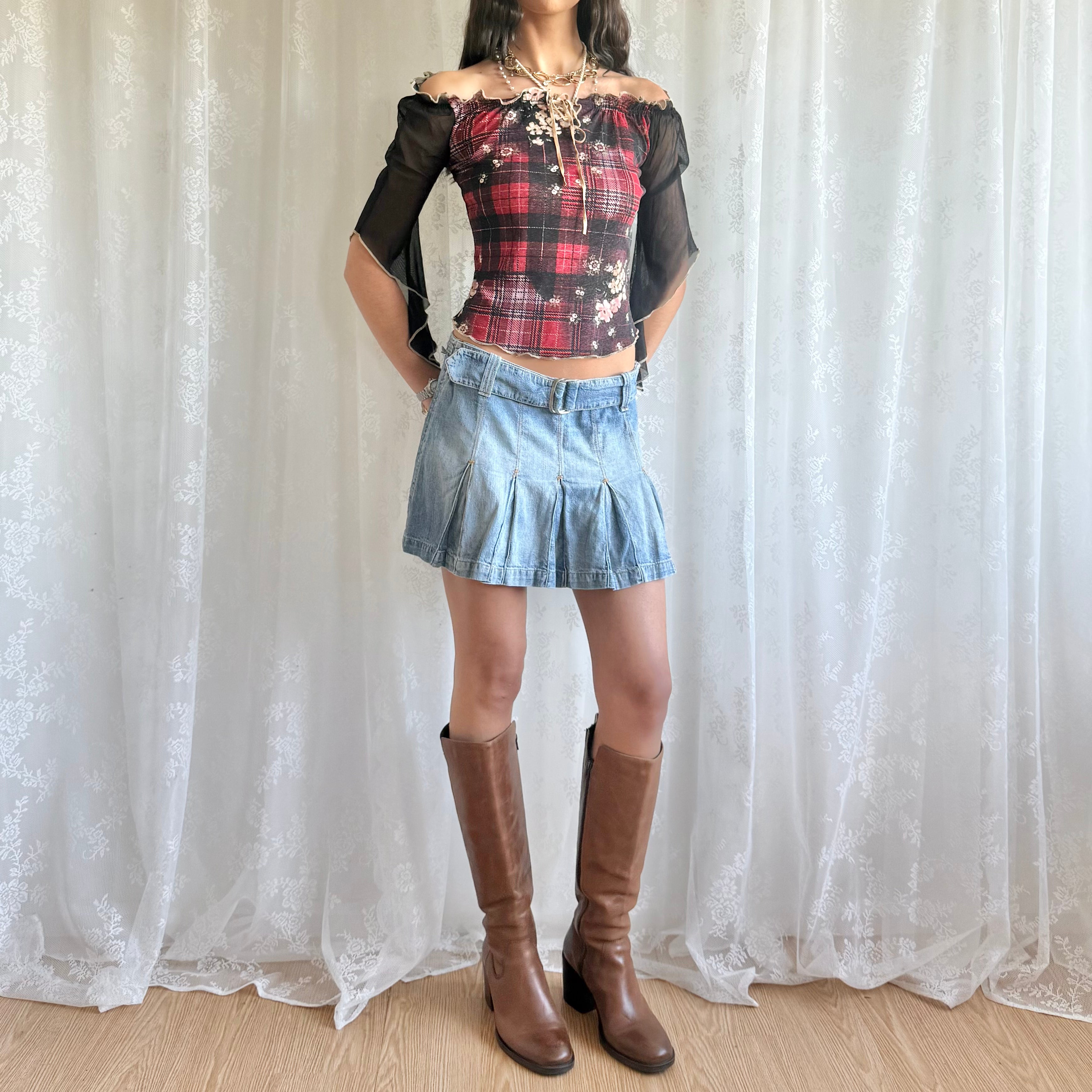 Denim Buckle Pleated Mini Skirt - Size M