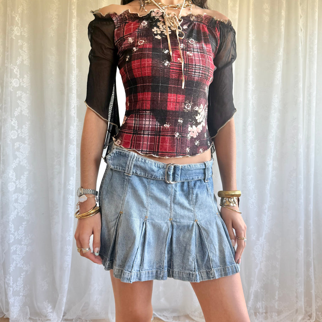 Denim Buckle Pleated Mini Skirt - Size M