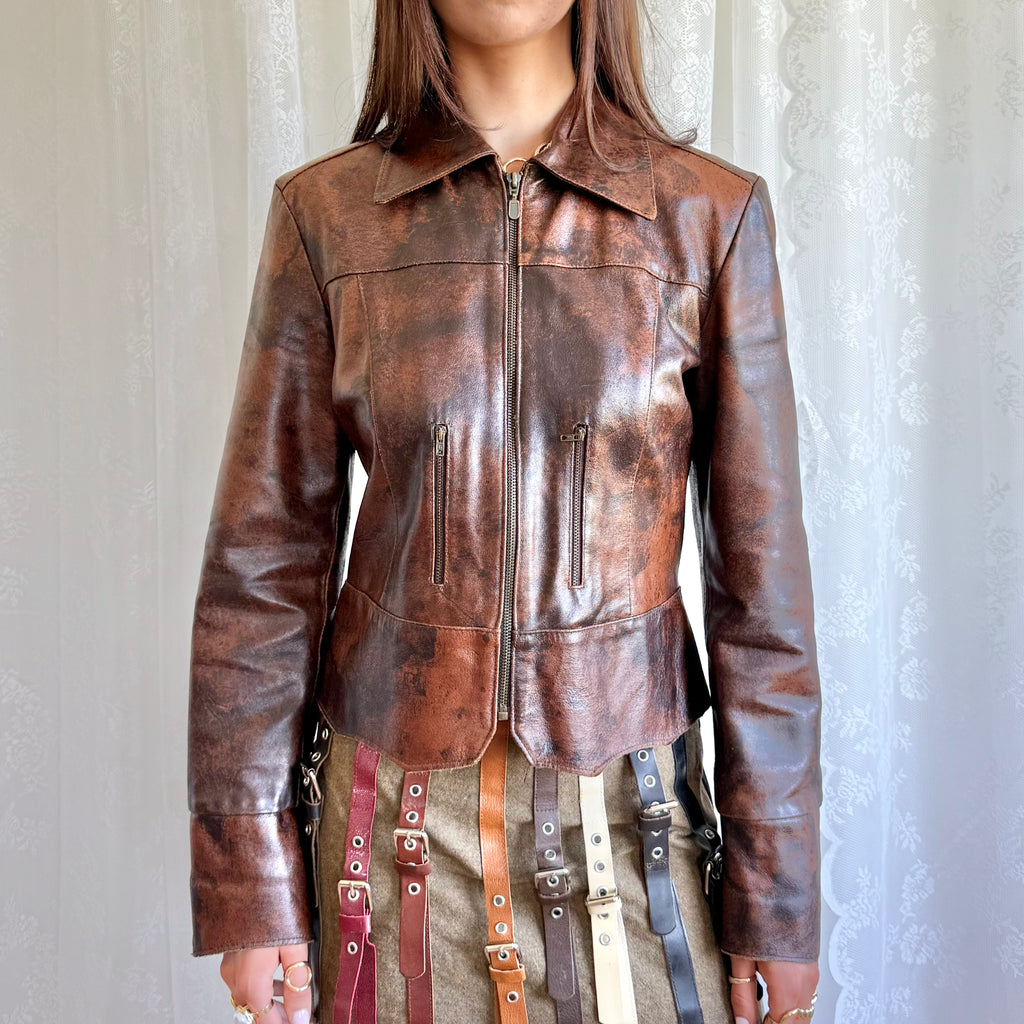 Genuine Leather Zip Jacket - Size M