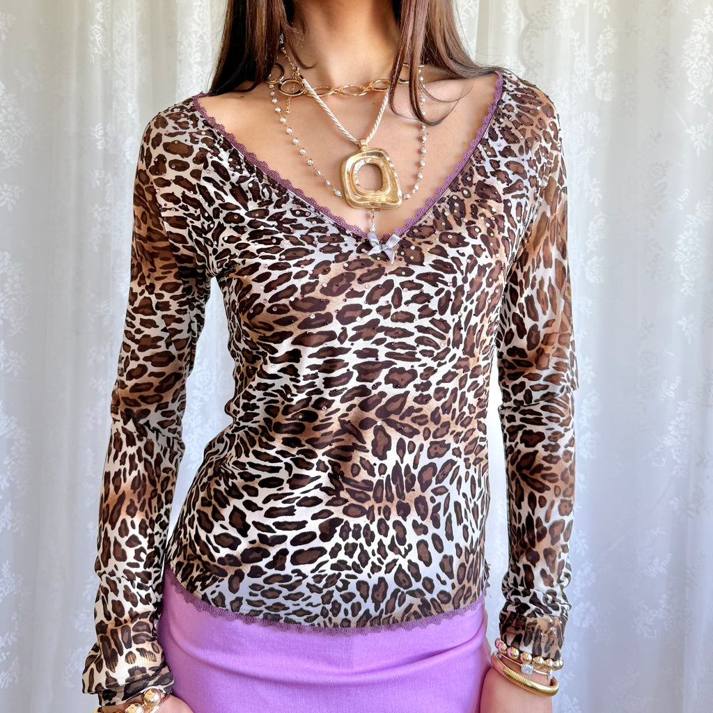Leopard Rhinestone Long Sleeve Top - Size M
