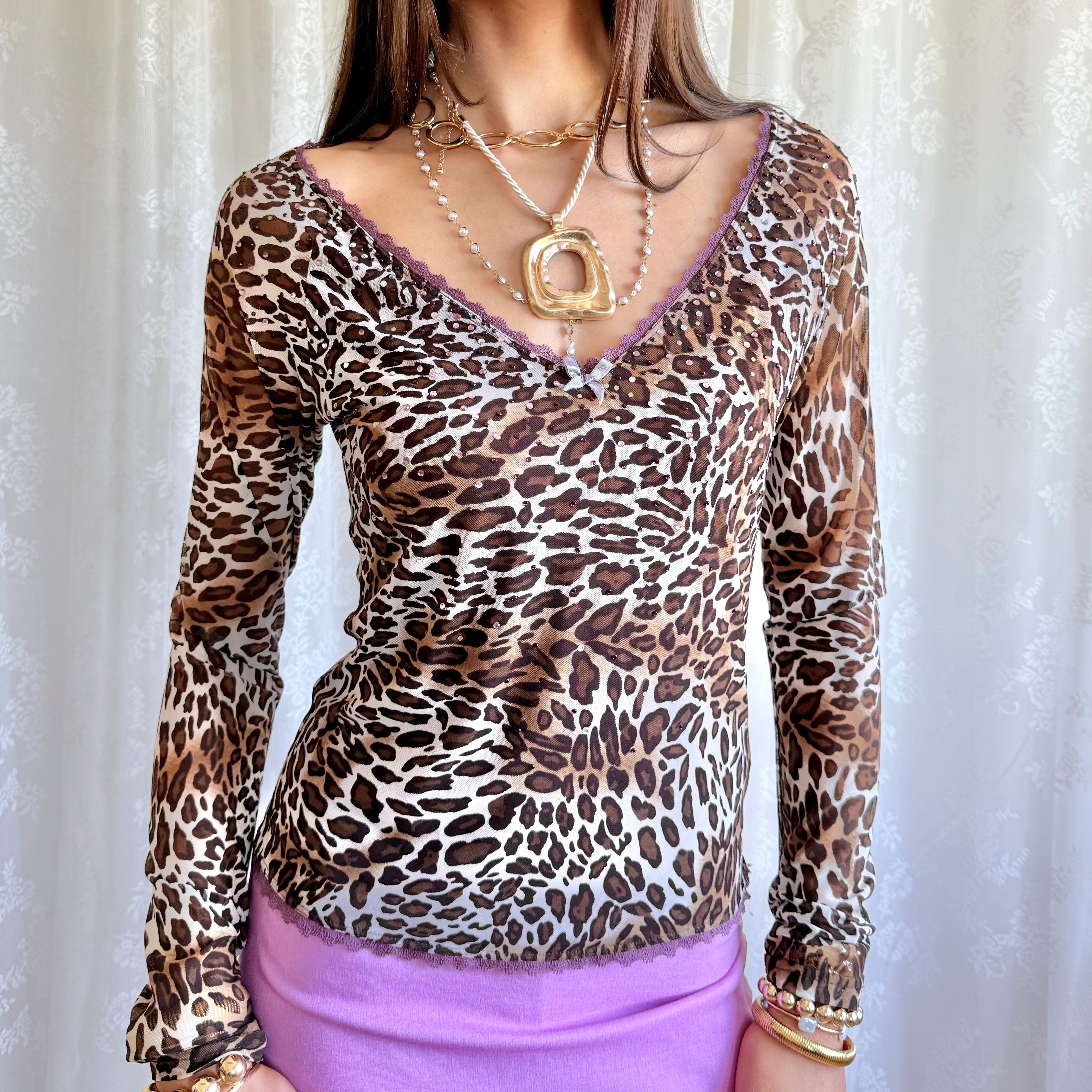 Leopard Rhinestone Long Sleeve Top - Size M