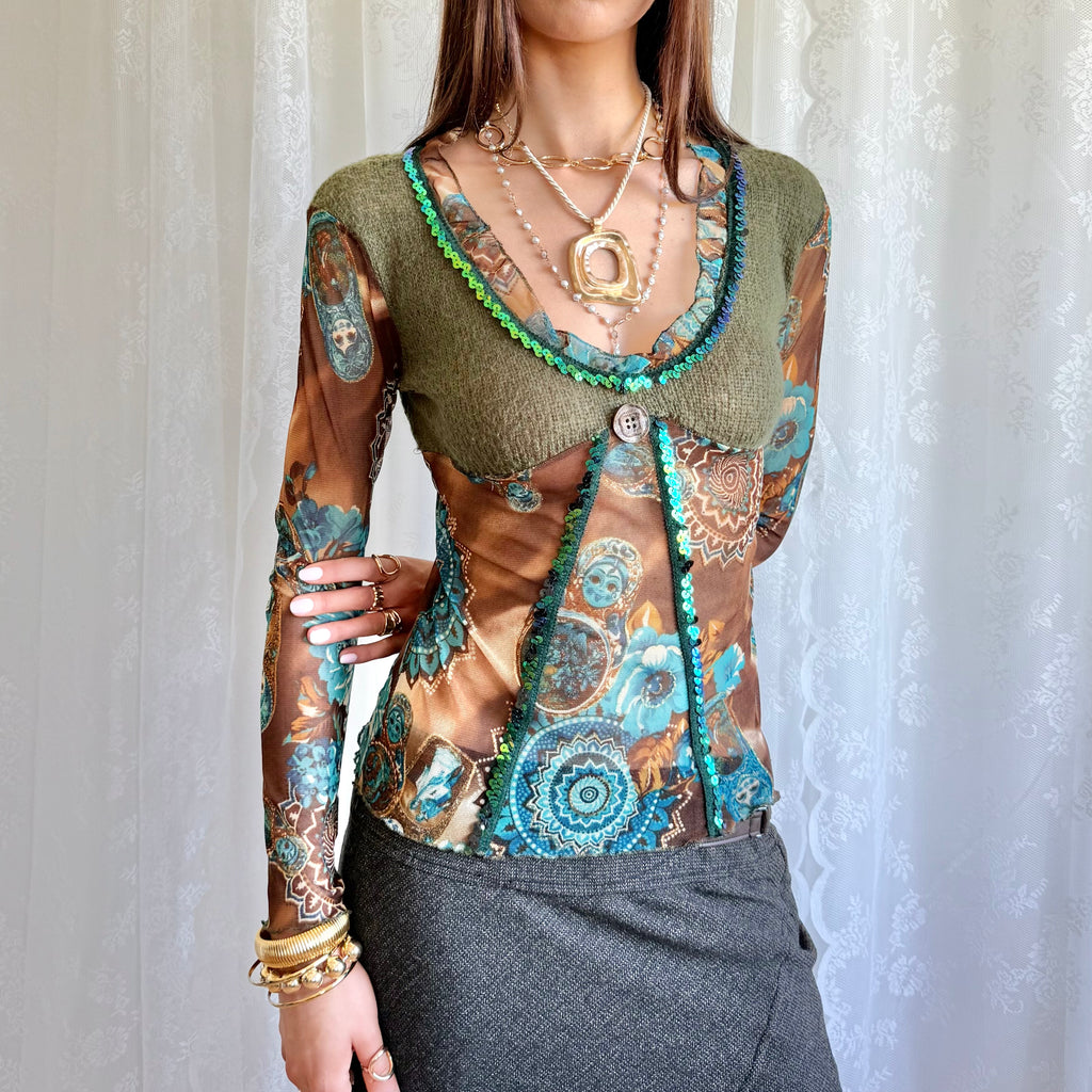 Knit Mesh Sequin Long Sleeve Top - Size XS