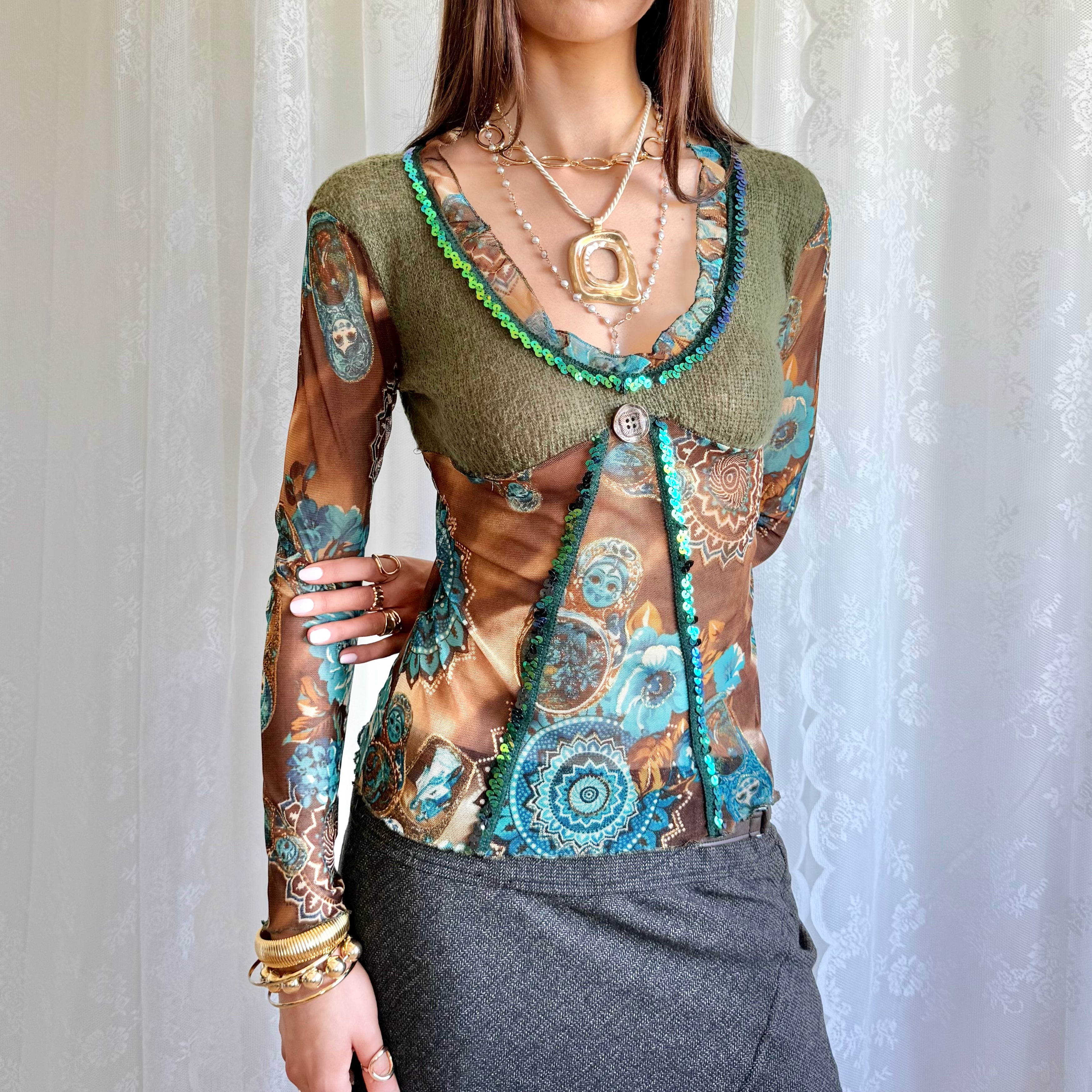 Knit Mesh Sequin Long Sleeve Top - Size XS