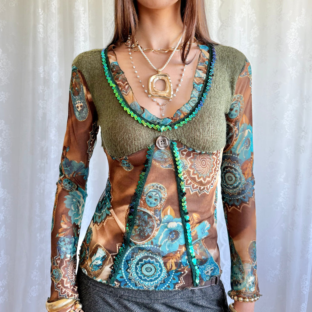 Knit Mesh Sequin Long Sleeve Top - Size XS