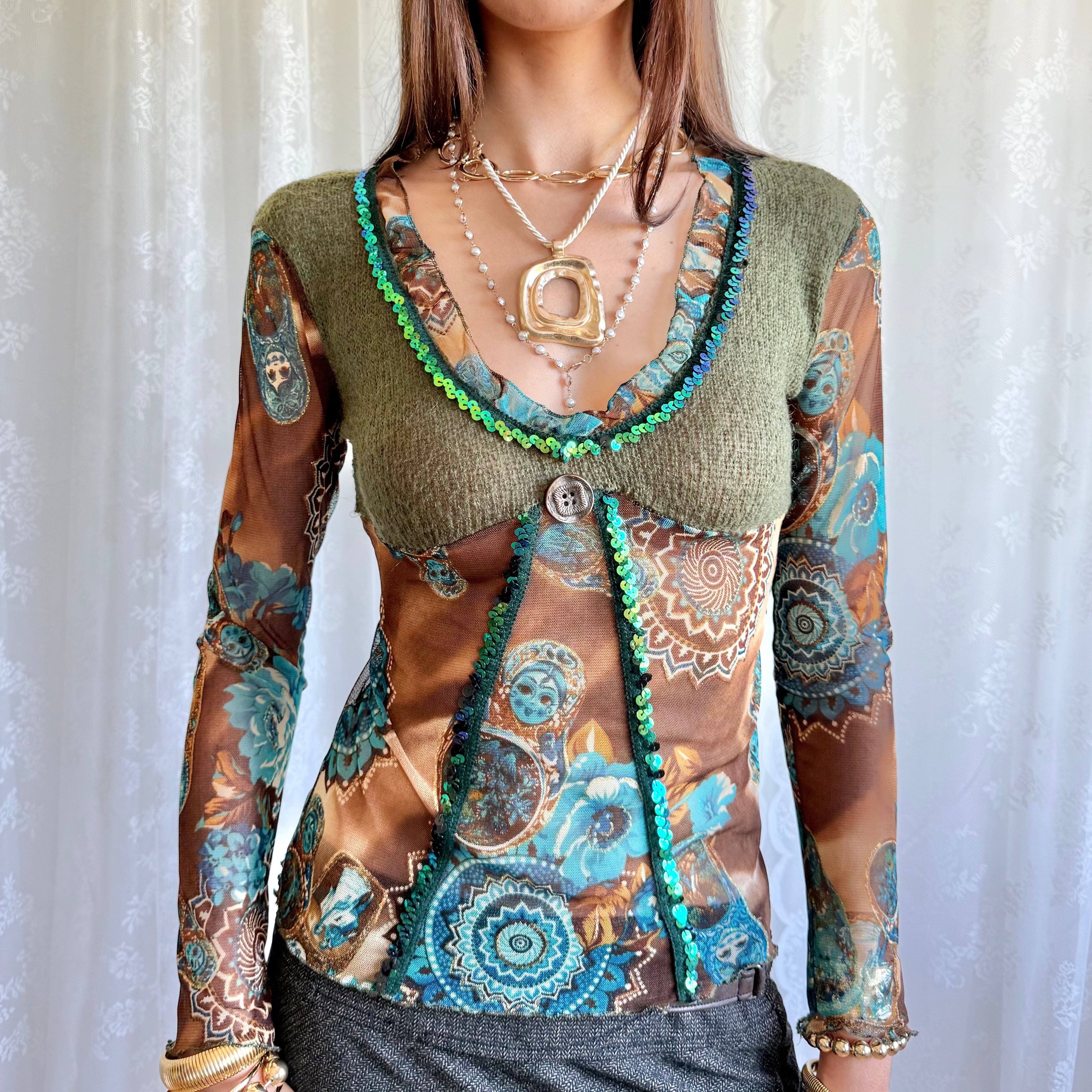 Knit Mesh Sequin Long Sleeve Top - Size XS
