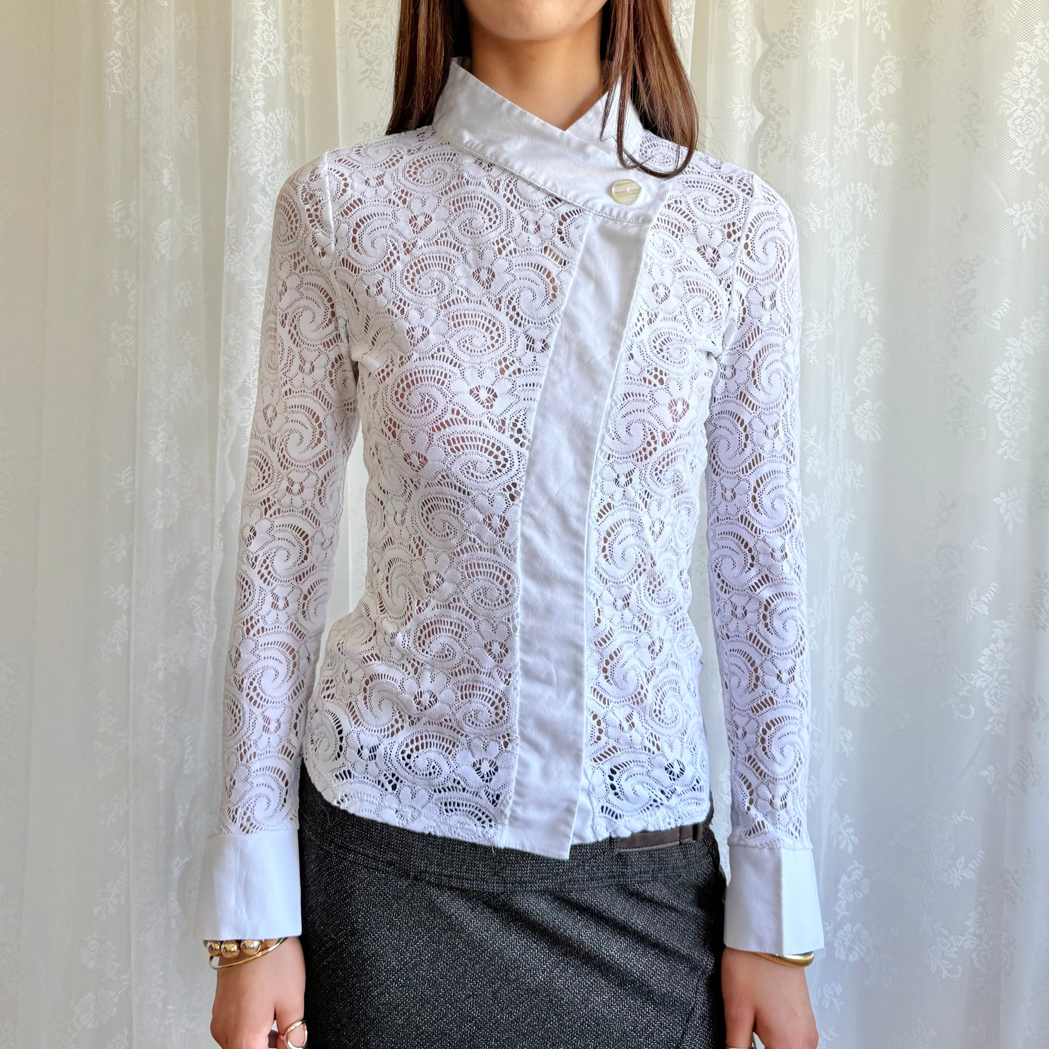 Lace Asymmetric Button Shirt - Size M